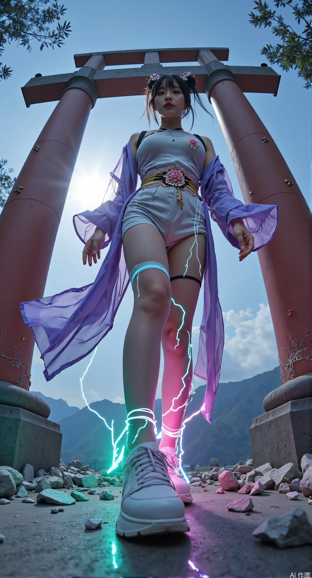 (thick - soled lace - up sports shoes:1.5)
(simple round toe design:1.4)
(forward - thrust stomping pose:1.5)
(hyper - extended leg perspective:1.5)
 
18 - year - old girl in (cyber - Tang fusion attire:1.4)
(modified cross - collar robe:1.3) rippling with
(peony biomechanical circuits:1.5)
(wind - torn sleeves:1.3) revealing (hydraulic joints:1.4)
 
(amethyst plasma trails:1.3) along (extended leg:1.4)
(electric cyan lightning:1.3) grounding through (heel strike:1.5)
(apocalyptic Tang sky:1.4) with (quantum yin - yang auroras:1.5)
 
(collapsing pagoda pillars:1.3) radiating from (impact point:1.5)
(ultra - wide fisheye distortion:1.4) from 0.2m perspective
(shattered porcelain debris:1.3) in (shockwave patterns:1.4)
 
(thermochromic silk:1.4) shifting teal to fuchsia
(nanobot peony clusters:1.3) along (stress lines:1.4)
(holographic phoenix wings:1.5) enveloping legs
 
(silk thigh - high stockings:1.3) with (prismatic garters:1.4)
(bioluminescent meridians:1.5) converging on foot
(bamboo storm deflection:1.3) by (kinetic shockwave:1.5)
(Shattered porcelain fragments:1.4) clinging to shoe bottom treads (Collapsing pagoda pillars:1.3) reflecting in polished shoe bottom (Quantum yin - yang vortex:1.4) mirrored on shoe bottom surface
best quality, masterpiece,
extreme low angle fisheye perspective,
deconstructed Song dynasty robe with LED lining,
(kinetic tassel belt:1.4) with glowing bead pendants,
thick - soled cloth shoes reinforced with bronze studs,
gradient stockings showing porcelain crackle texture,
wind - blown fabric creating triangular composition,
holographic crane projections around ankles,
broken celadon pillars framing the scene,
chiaroscuro lighting emphasizing leg proportions