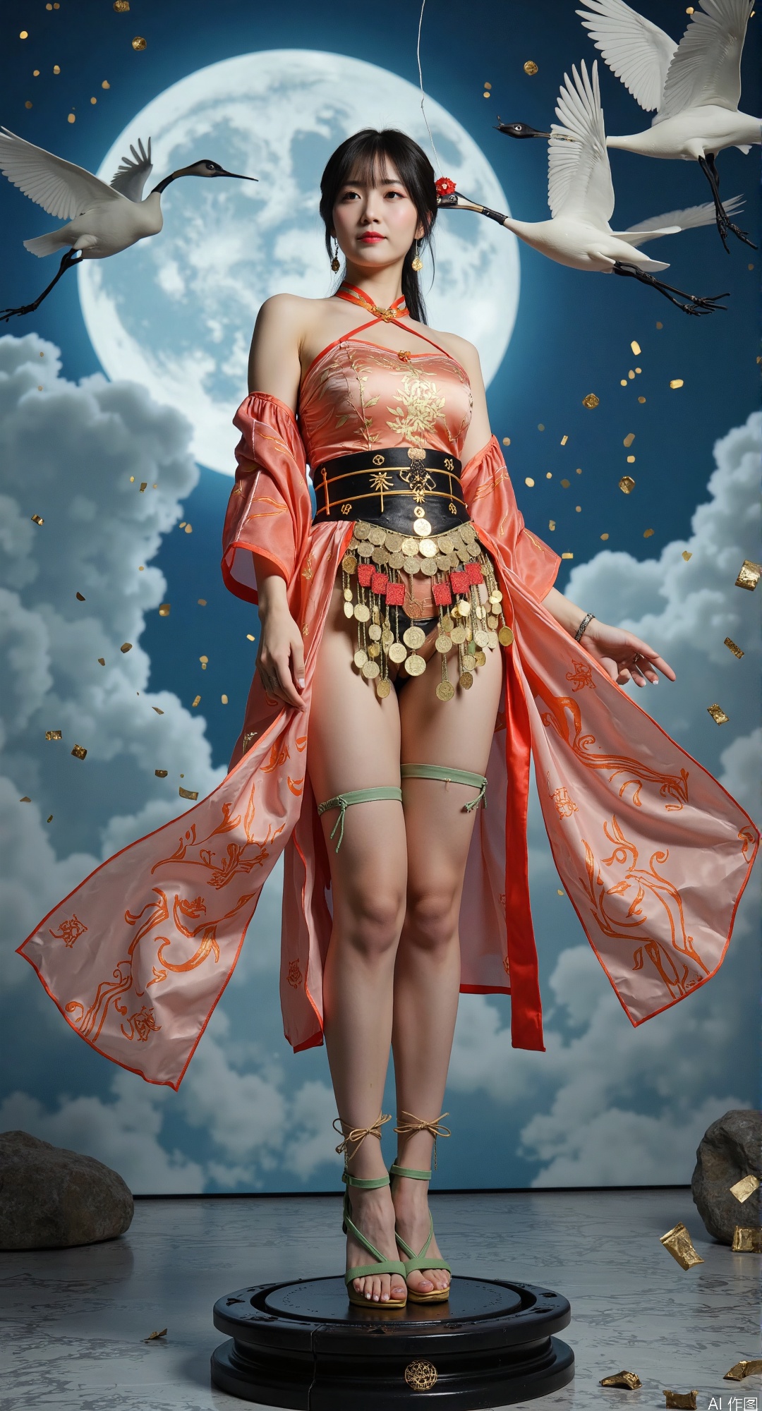 masterpiece, ultra-detailed,  
Dutch angle with perspective warp,  
reconstructed Ming flying-fish uniform with circuit embroidery,  
(kinetic coin fringe belt:1.5) with radiant coin pendants,  
black lacquer platforms with crimson silk lacing, wide stance,  
celadon crackle stockings with armored knee caps,  
spinning talisman anklets emitting gold particle trails,  
floating torn scroll fragments around ankles,  
dramatic backlight highlighting silk garter textures  
(surreal chinoiserie sky:1.5), 
colliding auroras in (暮山紫:1.4) and (库金:1.3), 
flying cranes dissolving into ink splatters, 
moonlight casting (blue porcelain reflections:1.2)

