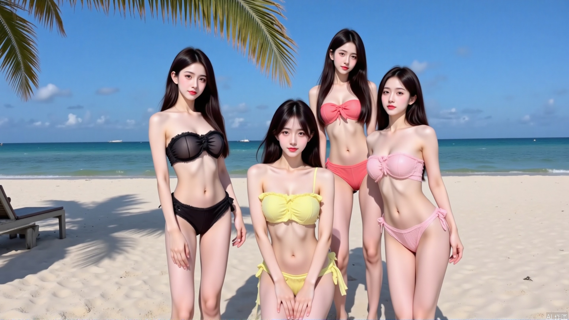 The image shows four young women standing on a sandy beach with the ocean in the background. They are all wearing bikinis and are posing for the camera. The woman in the center is wearing a yellow bikini and is sitting on the sand with her legs crossed. The other three women are standing behind her, also wearing swimsuits. All four women have long dark hair and are looking at the camera with serious expressions. There is a palm tree on the left side of the image and a bench on the right side. The sky is blue and the water is calm, creating a peaceful and serene atmosphere.