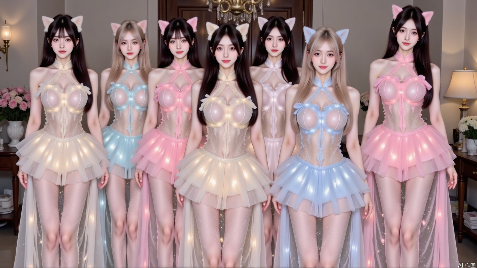 The image shows a group of six young women standing in a room with a chandelier and flowers in the background. They are all wearing a futuristic-looking outfit with a high neckline and long sleeves. The outfit is made of a shiny, metallic material that reflects the light and creates a shimmering effect. The women are also wearing cat ears on their heads, which add a playful touch to the outfit. The overall look is elegant and edgy.