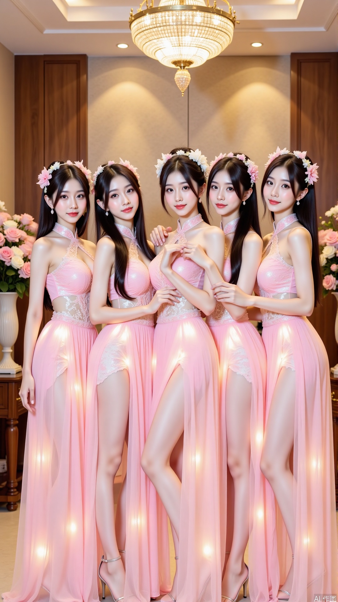 The image shows a group of six young women posing together in a luxurious room with a chandelier hanging from the ceiling. They are all wearing long, flowing pink dresses with a high neckline and a slit on the side. The dresses are made of a sheer fabric and have a high slit at the bottom, revealing the woman's legs. The women are also wearing flower crowns on their heads and have their hair styled in loose waves. The room is decorated with pink and white flowers and there is a wooden cabinet in the background. The overall mood of the image is elegant and glamorous.