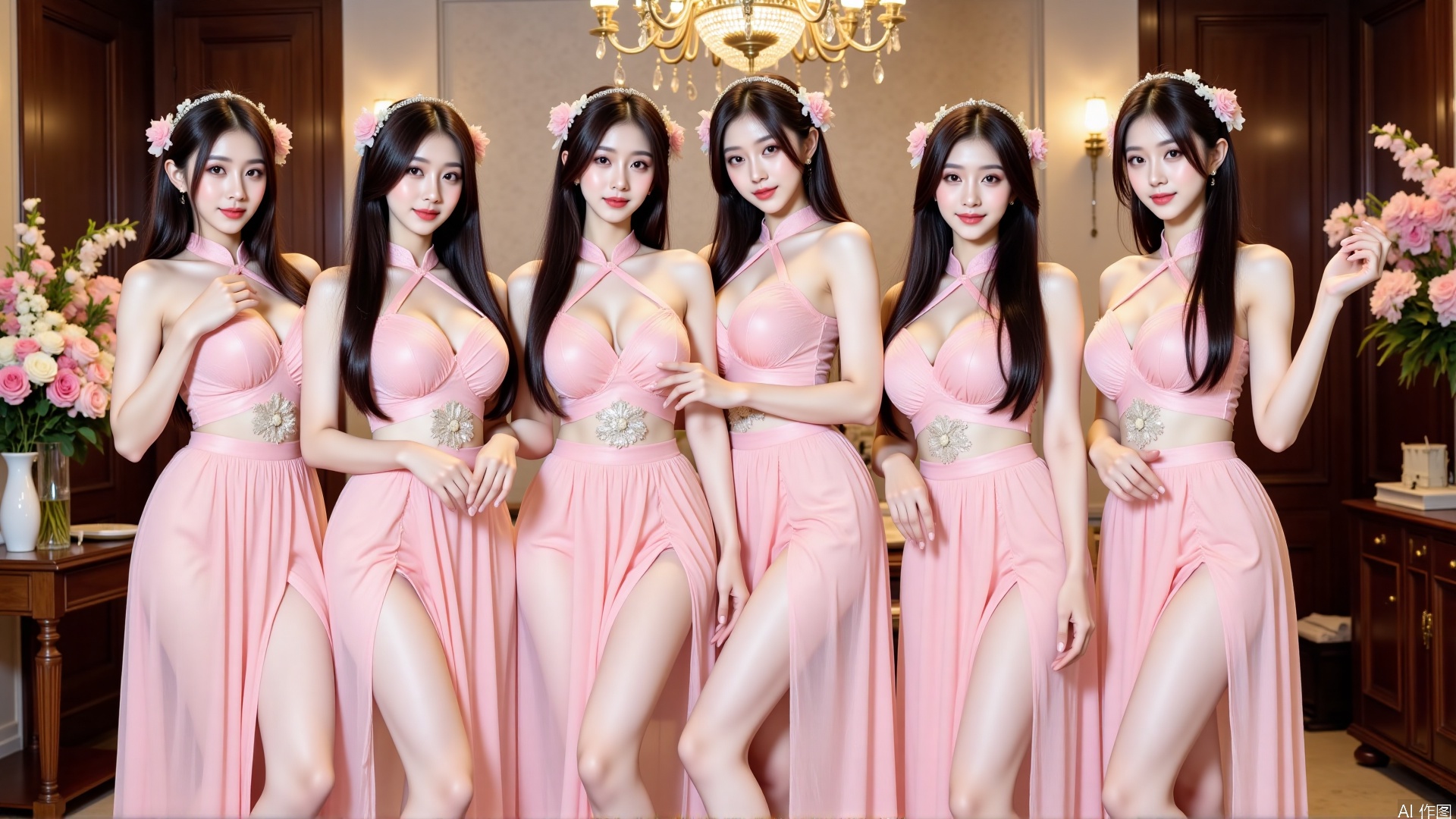 The image shows a group of six young women posing together in a luxurious room with a chandelier hanging from the ceiling. They are all wearing long, flowing pink dresses with a high neckline and a slit on the side. The dresses are made of a sheer fabric and have a high slit at the bottom, revealing the woman's legs. The women are also wearing flower crowns on their heads and have their hair styled in loose waves. The room is decorated with pink and white flowers and there is a wooden cabinet in the background. The overall mood of the image is elegant and glamorous.