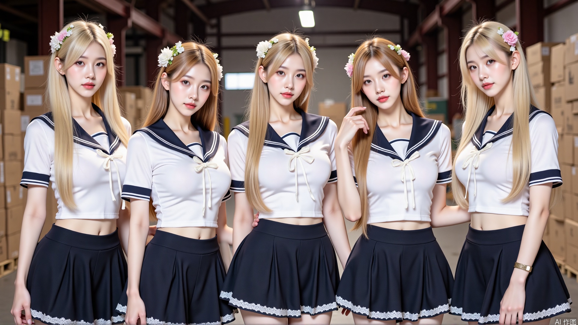The image shows a group of five young women standing in a warehouse. They are all wearing matching white and navy blue sailor outfits with black skirts. The outfits have a high neckline and short sleeves, and the skirts have a ruffled hemline. The women have long blonde hair styled in loose waves and are wearing flower crowns on their heads. They all have serious expressions on their faces and are posing for the camera. The warehouse has a high ceiling with metal beams and there are stacks of cardboard boxes in the background.