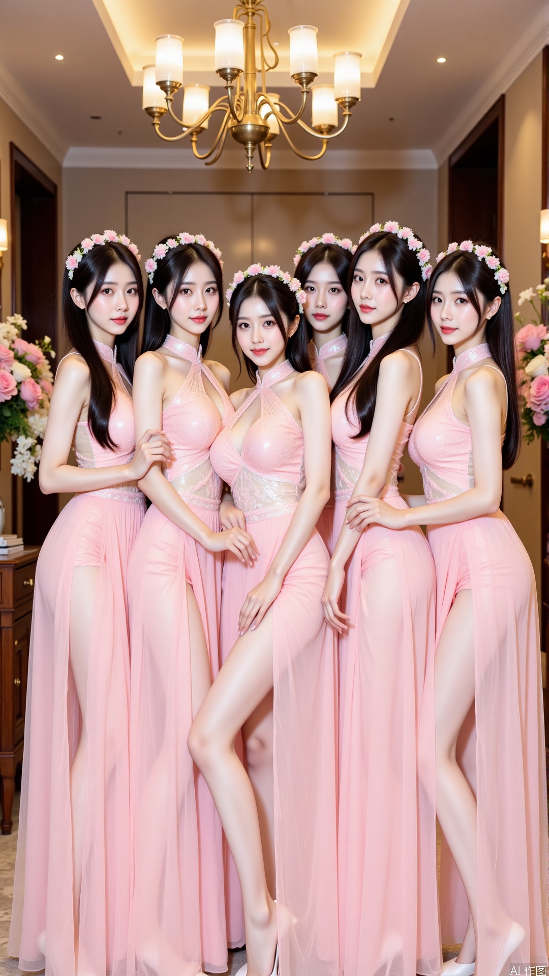 The image shows a group of six young women posing together in a luxurious room with a chandelier hanging from the ceiling. They are all wearing long, flowing pink dresses with a high neckline and a slit on the side. The dresses are made of a sheer fabric and have a high slit at the bottom, revealing the woman's legs. The women are also wearing flower crowns on their heads and have their hair styled in loose waves. The room is decorated with pink and white flowers and there is a wooden cabinet in the background. The overall mood of the image is elegant and glamorous.