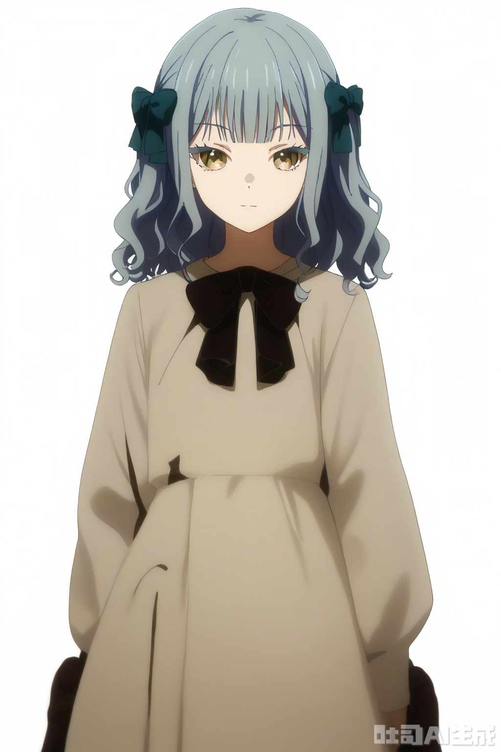 masterpiece, best quality,solo,((white background:1.2)),simple background,
looking at viewer,togawa sakiko,medium hair,bangs,ribbon,hair ribbon,black ribbon,two side up,blue hair,grey hair,sidelocks,blunt bangs,yellow eyes,wavy hair