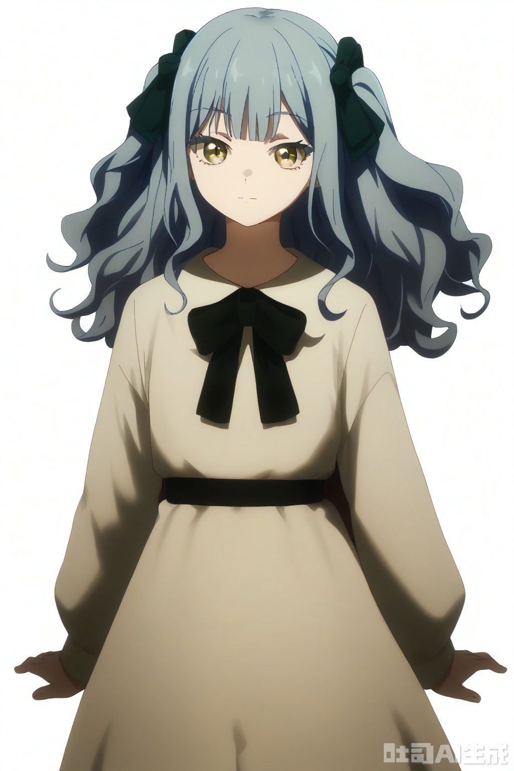 masterpiece, best quality,solo,((white background:1.2)),simple background,
looking at viewer,togawa sakiko,medium hair,bangs,ribbon,hair ribbon,black ribbon,two side up,blue hair,grey hair,sidelocks,blunt bangs,yellow eyes,wavy hair