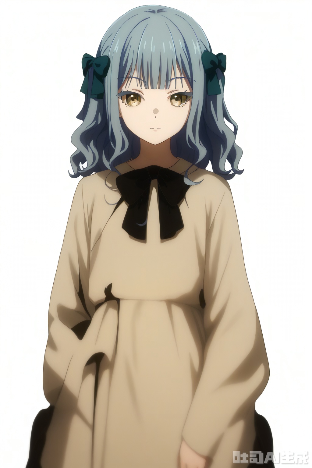 masterpiece, best quality,solo,((white background:1.2)),simple background,
looking at viewer,togawa sakiko,medium hair,bangs,ribbon,hair ribbon,black ribbon,two side up,blue hair,grey hair,sidelocks,blunt bangs,yellow eyes,wavy hair