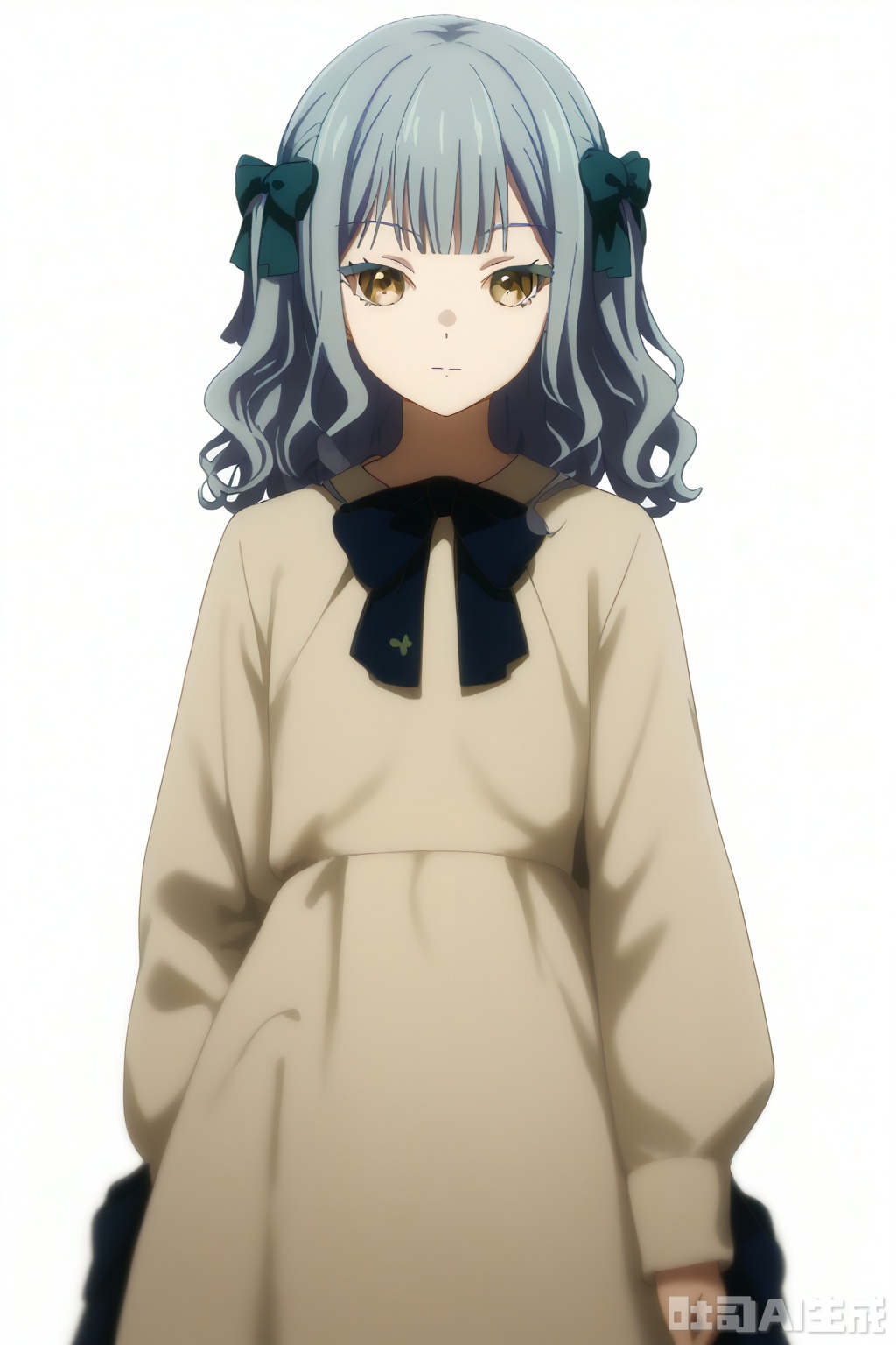 masterpiece, best quality,solo,((white background:1.2)),simple background,
looking at viewer,togawa sakiko,medium hair,bangs,ribbon,hair ribbon,black ribbon,two side up,blue hair,grey hair,sidelocks,blunt bangs,yellow eyes,wavy hair