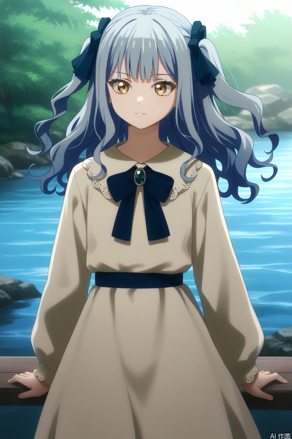 togawa sakiko,medium hair,bangs,ribbon,hair ribbon,black ribbon,two side up,blue hair,grey hair,sidelocks,blunt bangs,yellow eyes,wavy hair