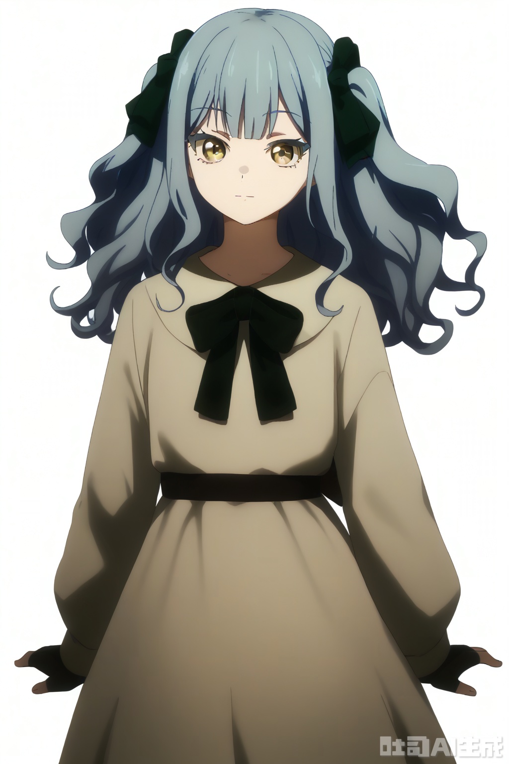 masterpiece, best quality,solo,((white background:1.2)),simple background,
looking at viewer,togawa sakiko,medium hair,bangs,ribbon,hair ribbon,black ribbon,two side up,blue hair,grey hair,sidelocks,blunt bangs,yellow eyes,wavy hair