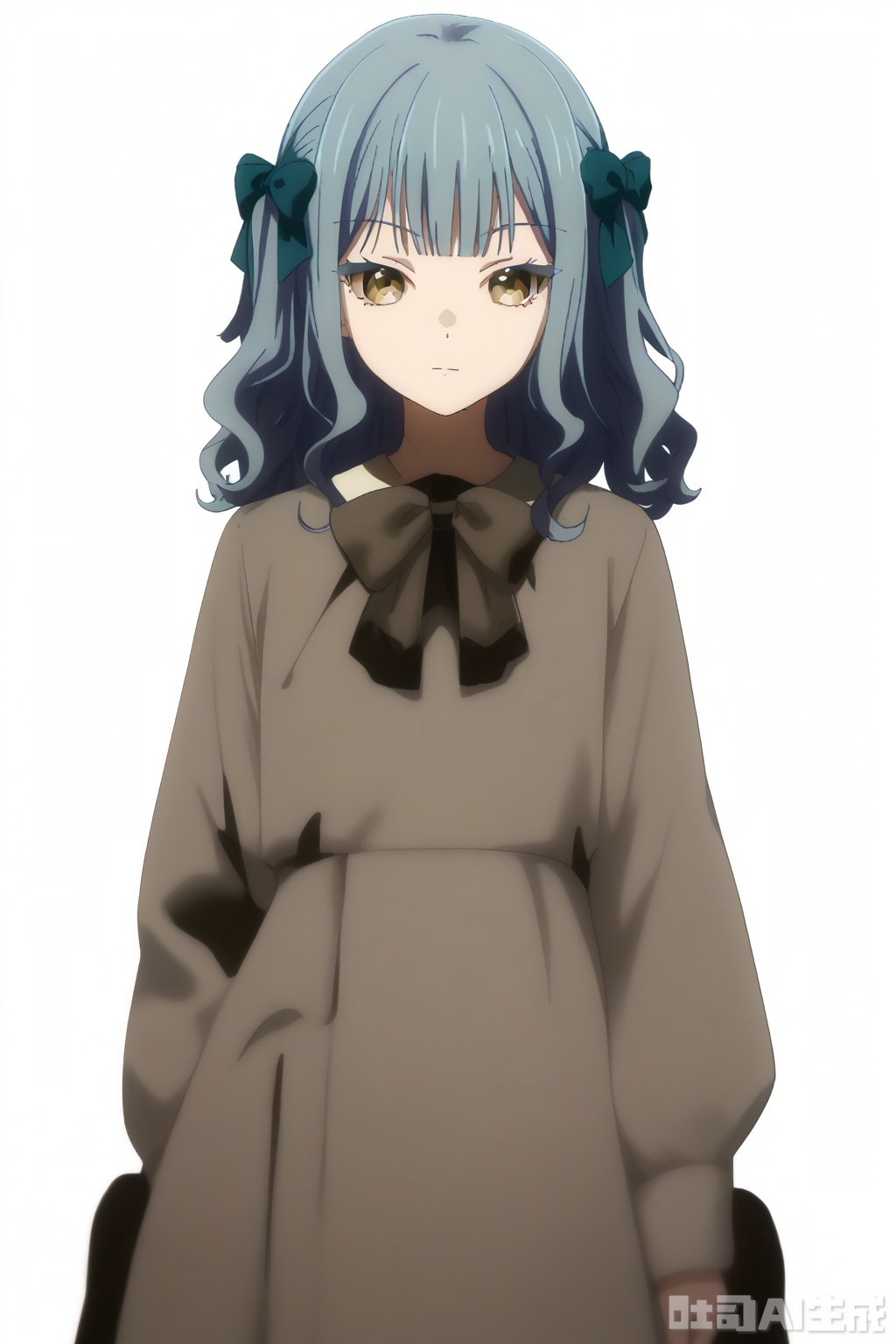 masterpiece, best quality,solo,((white background:1.2)),simple background,
looking at viewer,togawa sakiko,medium hair,bangs,ribbon,hair ribbon,black ribbon,two side up,blue hair,grey hair,sidelocks,blunt bangs,yellow eyes,wavy hair