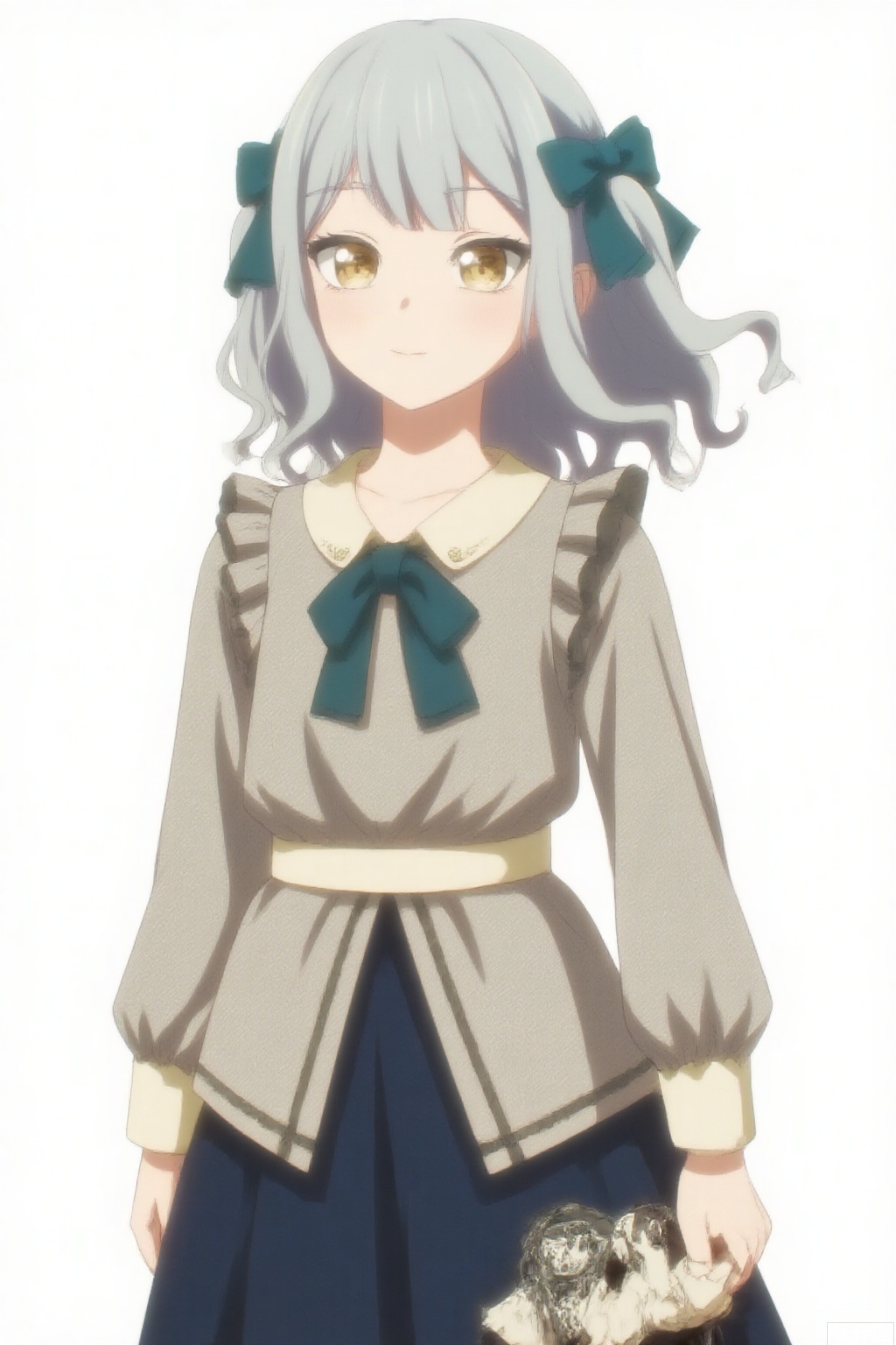 masterpiece, best quality,solo,(white background:1.2),simple background,
looking at viewer,togawa sakiko,medium hair,bangs,ribbon,hair ribbon,black ribbon,two side up,blue hair,grey hair,sidelocks,blunt bangs,yellow eyes,wavy hair
