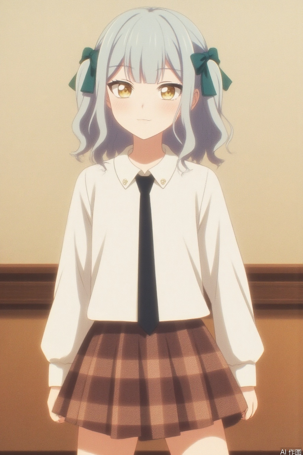 togawa sakiko,medium hair,bangs,ribbon,hair ribbon,black ribbon,two side up,blue hair,grey hair,sidelocks,blunt bangs,yellow eyes,wavy hair