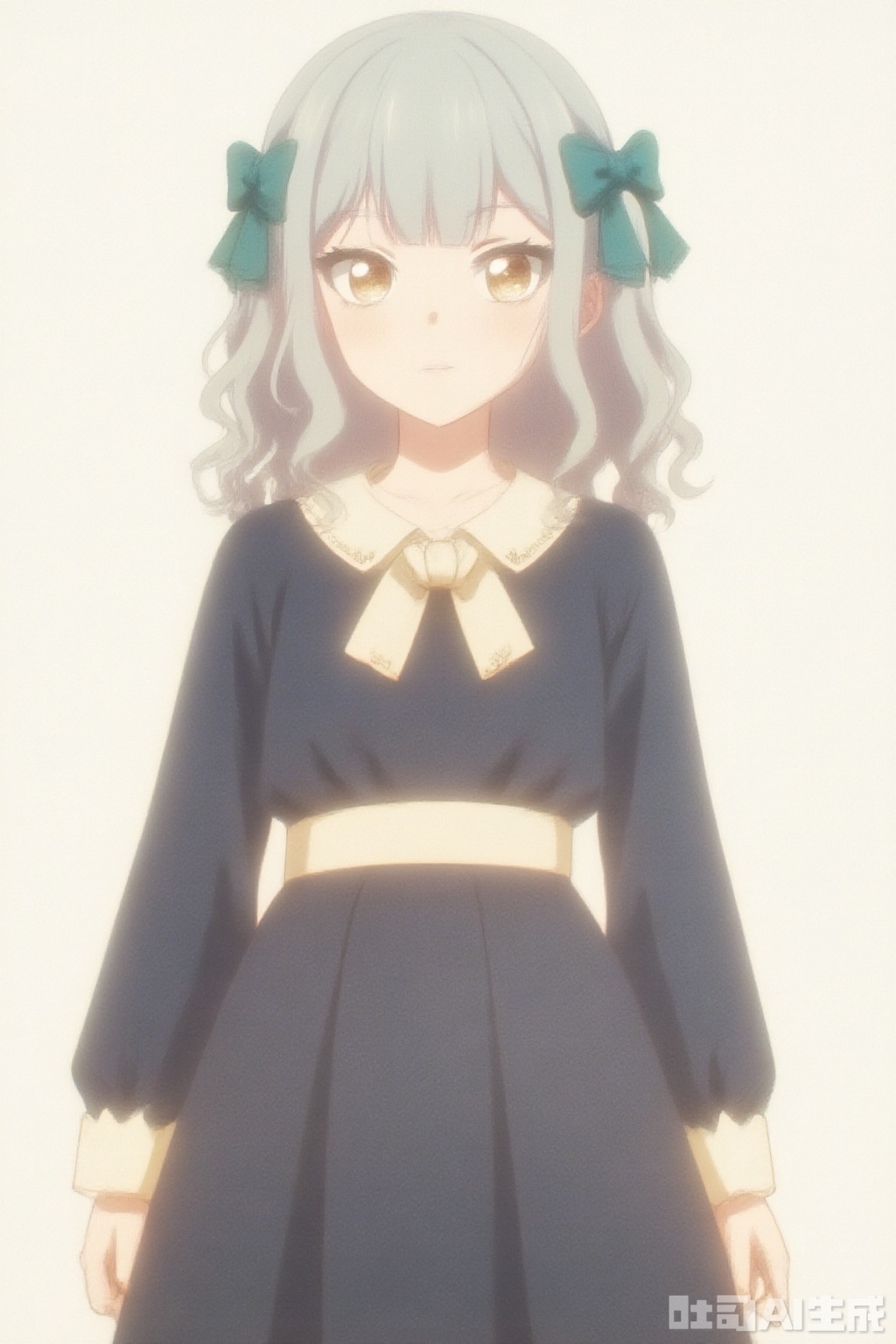 masterpiece, best quality,solo,((white background:1.2)),simple background,
looking at viewer,togawa sakiko,medium hair,bangs,ribbon,hair ribbon,black ribbon,two side up,blue hair,grey hair,sidelocks,blunt bangs,yellow eyes,wavy hair
