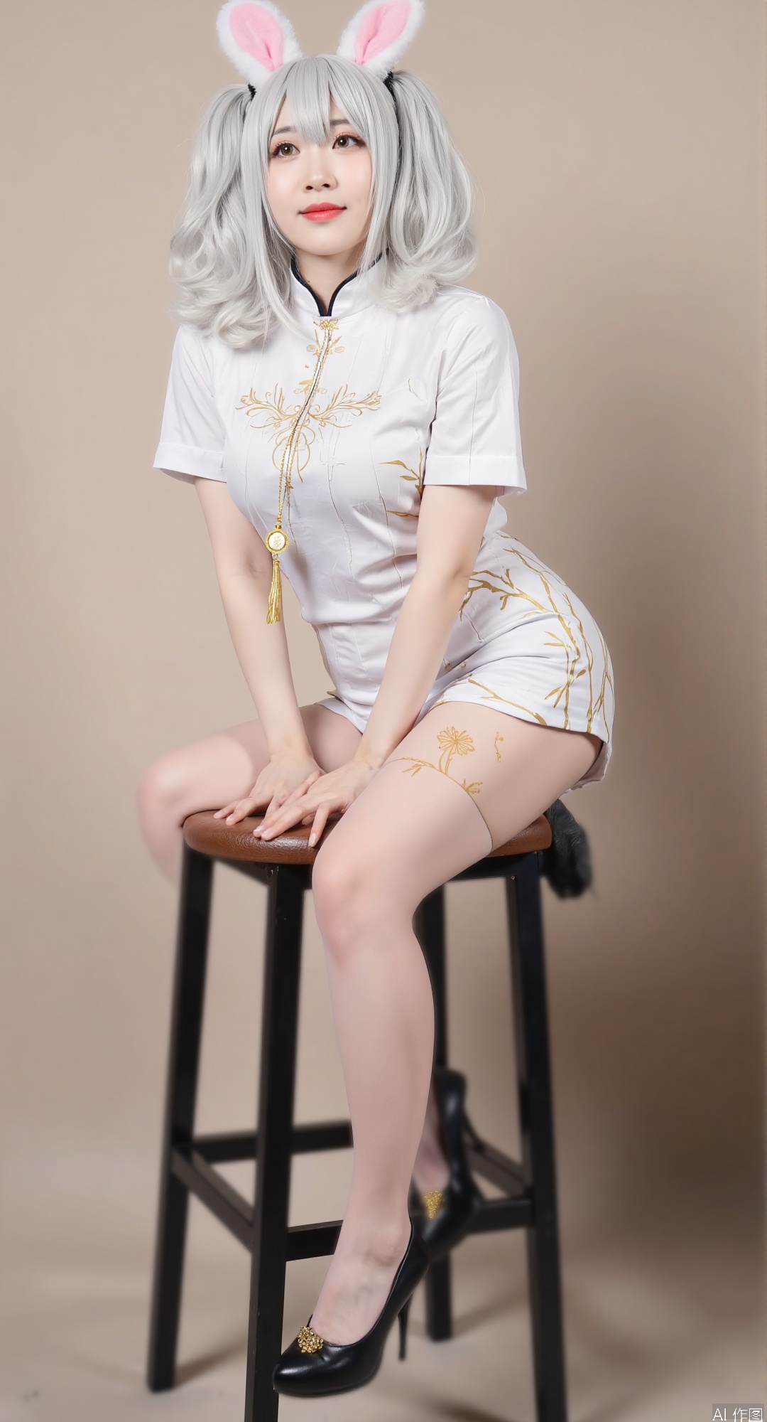 **Updated SD Prompt with Increased Weight for Golden Thigh Ornaments**:  

"Chinese secretary coser with white hair and rabbit ears, wearing tight OLED luminous pantyhose and a wrinkled white China shirt, sitting obliquely on a tall stool. **Golden thigh ornaments (highly detailed, prominent, pendant hanging)** and a gold leg ring. Cute smile, slightly sexy pose, two-dimensional elf charm, playful and youthful energy. (Emphasize: golden thigh ornaments, intricate details, shiny, eye-catching)."  

This ensures the golden thigh decorations are prioritized in the generated output.