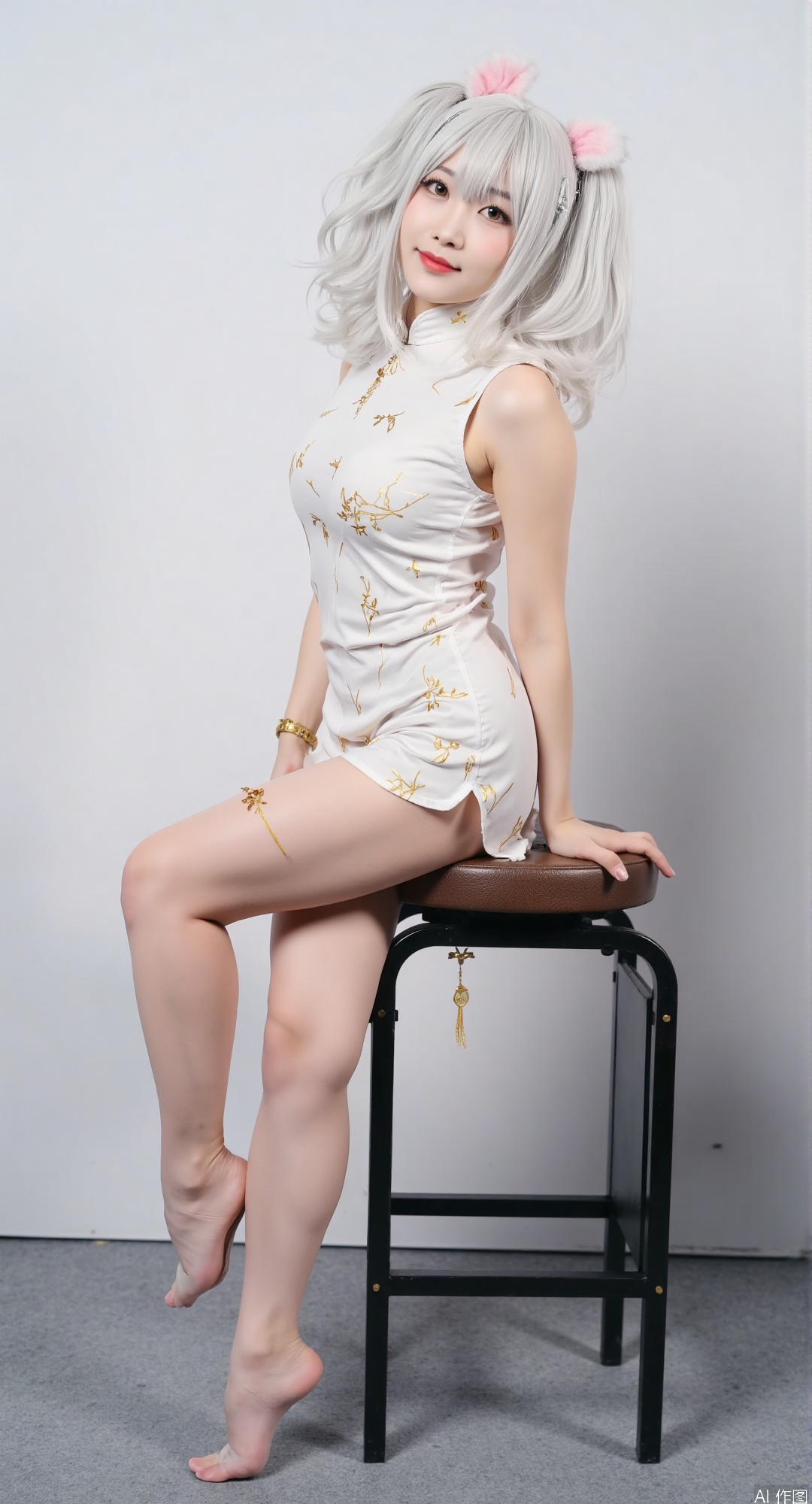 1. **Character Description**:  
   - Chinese secretary coser  
   - White hair  
   - Rabbit ears (slightly trembling)  
   - Cute smile  
   - Slightly sexy charm  

2. **Outfit**:  
   - Tight OLED luminous pantyhose (slender, elastic, youthful)  
   - Pure cotton-textured tight succubus-style white China shirt (slightly wrinkled, casual, innocent)  

3. **Pose**:  
   - Sitting obliquely on a 2-meter-high stool  
   - Legs overlapped, slightly tilted  
   - One hand gently placed on the edge of the legs  
   - Body leaning forward slightly  

4. **Accessories**:  
   - Golden leg ornaments (thigh-high, pendant hanging)  
   - Gold leg ring  

5. **Overall Vibe**:  
   - Cute and sexy contrast  
   - Two-dimensional elf-like charm  
   - Playful and youthful energy  

**Simplified SD Prompt**:  
"Chinese secretary coser with white hair and rabbit ears, wearing tight OLED luminous pantyhose and a wrinkled white China shirt, sitting obliquely on a tall stool with golden leg ornaments and a pendant. Cute smile, slightly sexy pose, two-dimensional elf charm, playful and youthful energy."