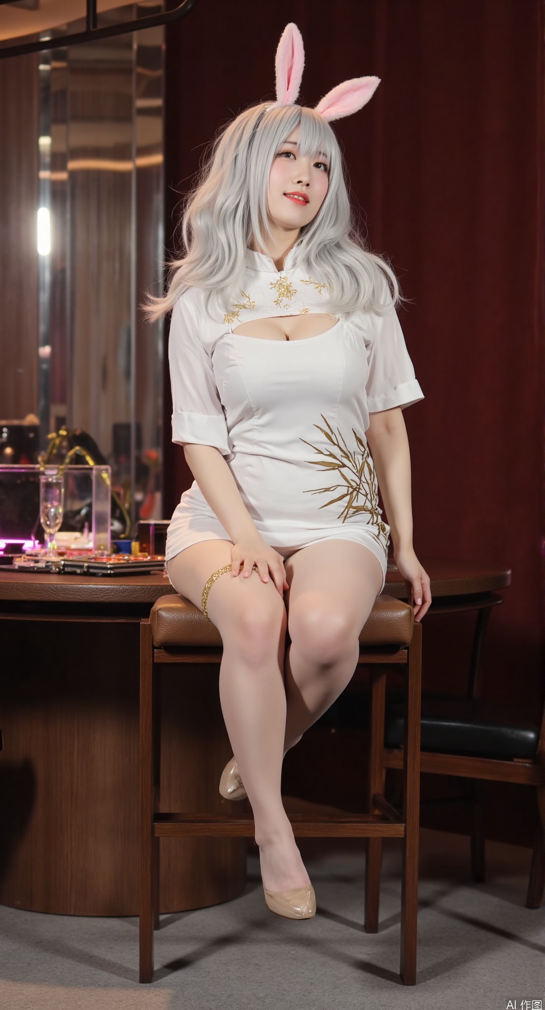 - The leg ornament adds a unique touch to her cosplay outfit,The thighs ornaments for cosplay.
The golden leg ornaments hanging on the thighs.Golden leg ornaments.,The Chinese secretary Coser sat obliquely on a 2-meter-high stool in an extremely charming posture. Her legs overlapped, tilted slightly, and one hand gently placed on the edge of her legs. The tight tight oled luminous pantyhose lines looked more slender, straight and elastic in this sitting position, as if they contained endless youthful vitality and playfulness. Her body leaned forward slightly, and the little sexiness that was inadvertently revealed contrasted with the cute smile that was still hanging on her face. The rabbit ears trembled slightly with her movements, as if they were beaten for this cute and sexy picture. The pure cotton-textured tight succubus Feng Ougensha white china shirt was slightly wrinkled due to this sitting position, but it added a bit casual and innocent, showing an indescribable sexy and cute charm, as if it was a charming elf coming out of the two-dimensional world, attracting everyone's attention with its unique sitting position.look at view,Gold leg ring，gold pendant.gold pendant on legs，A pendant hanging from the legs.cosplay,Leg ornaments for cosplay.
Golden leg ornaments.china dress ,white hair
