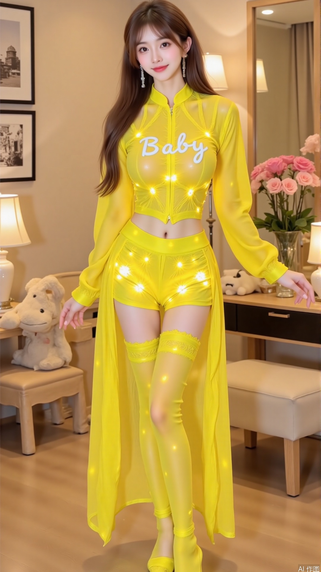 The image shows a young woman standing in a luxurious bedroom. She is wearing a bright yellow outfit with the word "Baby" written in white letters across the chest. The outfit consists of a long-sleeved top with a high neckline and a pair of matching shorts with thigh-high stockings. The woman is also wearing high heels and has long brown hair styled in loose waves. The room is decorated with a vase of pink flowers, a lamp, and other decorative items. The floor is made of wood and there is a large mirror on the wall.
