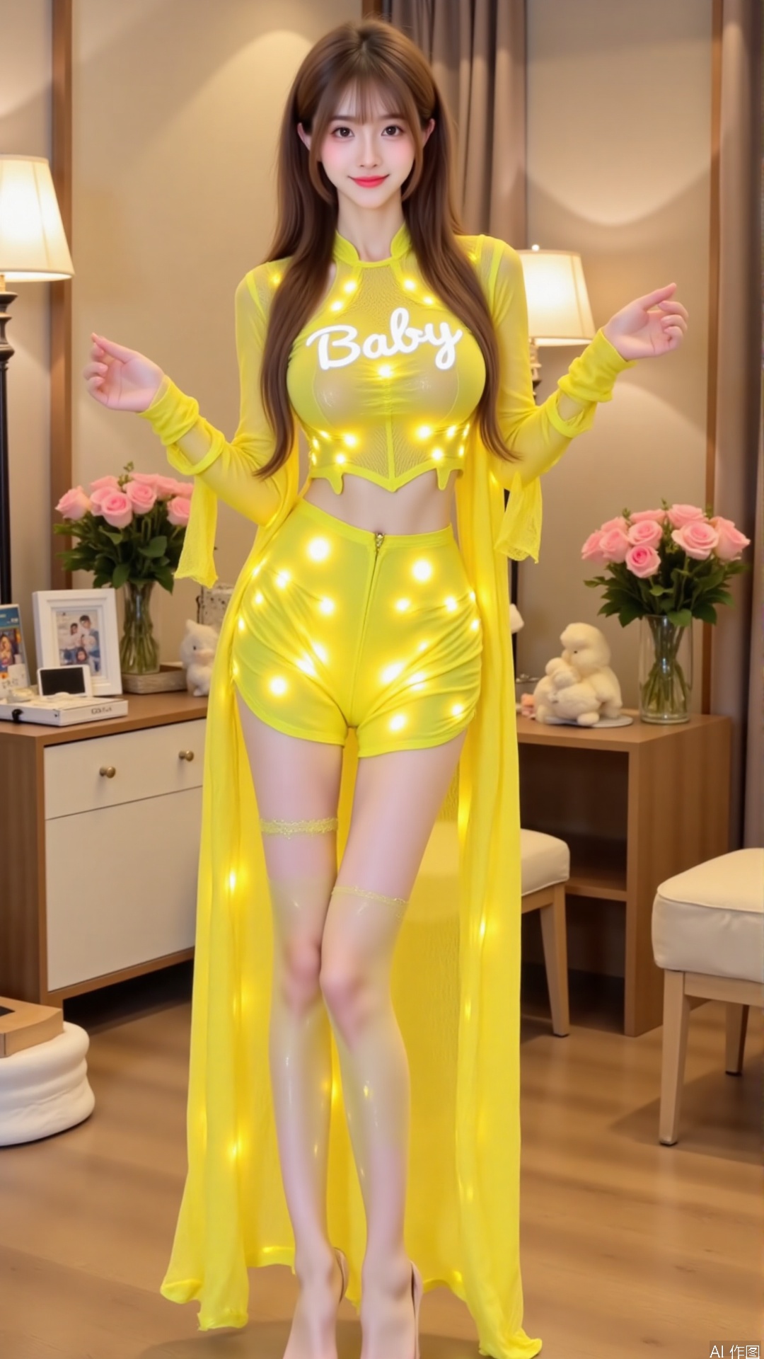 The image shows a young woman standing in a luxurious bedroom. She is wearing a bright yellow outfit with the word "Baby" written in white letters across the chest. The outfit consists of a long-sleeved top with a high neckline and a pair of matching shorts with thigh-high stockings. The woman is also wearing high heels and has long brown hair styled in loose waves. The room is decorated with a vase of pink flowers, a lamp, and other decorative items. The floor is made of wood and there is a large mirror on the wall.