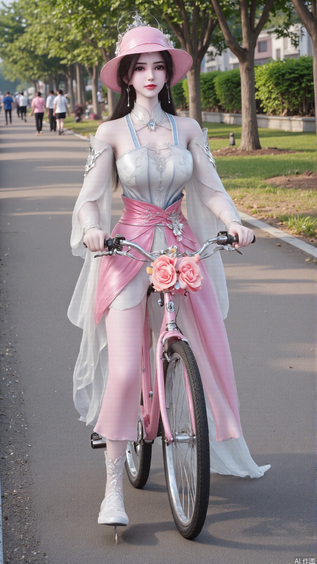 Pink sweet girl on a bicycle, sweet melody floating in the wind 🚴‍♀️💖With the sunshine pouring on her body and the breeze gently brushing her cheeks, the pink sweet girl riding a bicycle is the most touching scenery of this summer day. Let's follow her and feel this lightness and sweetness together. 🌸 Pink cycling girl style: a pink sun hat, protecting the delicate skin, while highlighting the vitality of youth. A flowing pink dress, dancing with the wind, like a princess in a fairy tale. A pink bicycle, her partner in exploring the world and an extension of her sweet image. 🍦 Sweet Summer Time: Riding a bicycle through the boulevard, enjoying the coolness and tranquility of summer. Stop occasionally and taste an ice cream, let the sweetness melt in your mouth and your heart soften. Ride with friends, share the laughter and surprises on the road, and let this sweetness become a common memory. 📸: a picture of a girl riding a pink bicycle, wearing a pink sun hat and a flowing dress, with a tree-lined path,.(all body)
(Show whole body),(all body),(artist:quasarcake:0.8),extreme aesthetic,(wlop:0.6),masterpiece,best quality,good quality,newest,very aesthetic,absurdres,Visual impact,A shot with tension, ultra-high resolution,32K UHD,sharp focus,best-quality,masterpiece,Emotionalization,unconventional supreme masterpiece,masterful details,temperate atmosphere,with a high-end texture,in the style of fashion photography, (Visual impact:1.2),visually striking appearance,impactful picture,offcial art,colorful,splash of color,movie perspective, masterpiece,best quality,amazing quality,very aesthetic,absurdres,best quality,newest