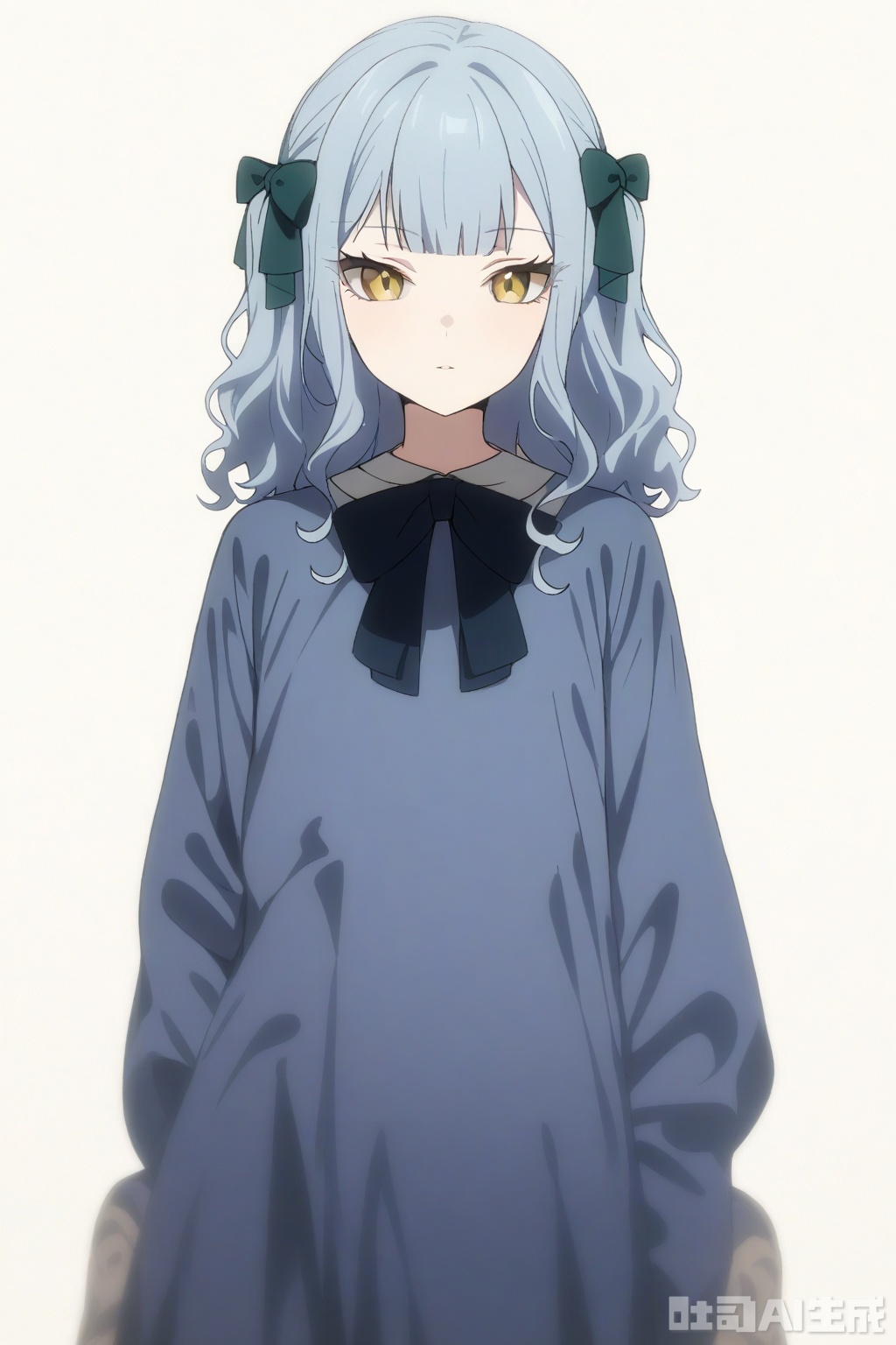 masterpiece, best quality,solo,((white background:1.2)),simple background,
looking at viewer,togawa sakiko,medium hair,bangs,ribbon,hair ribbon,black ribbon,two side up,blue hair,grey hair,sidelocks,blunt bangs,yellow eyes,wavy hair
