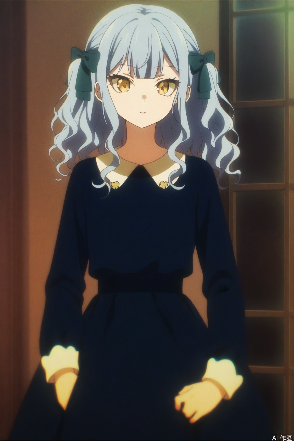 togawa sakiko,medium hair,bangs,ribbon,hair ribbon,black ribbon,two side up,blue hair,grey hair,sidelocks,blunt bangs,yellow eyes,wavy hair