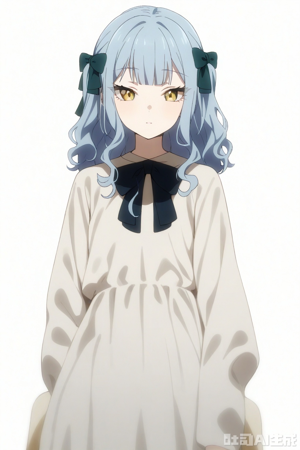 masterpiece, best quality,solo,((white background:1.2)),simple background,
looking at viewer,togawa sakiko,medium hair,bangs,ribbon,hair ribbon,black ribbon,two side up,blue hair,grey hair,sidelocks,blunt bangs,yellow eyes,wavy hair