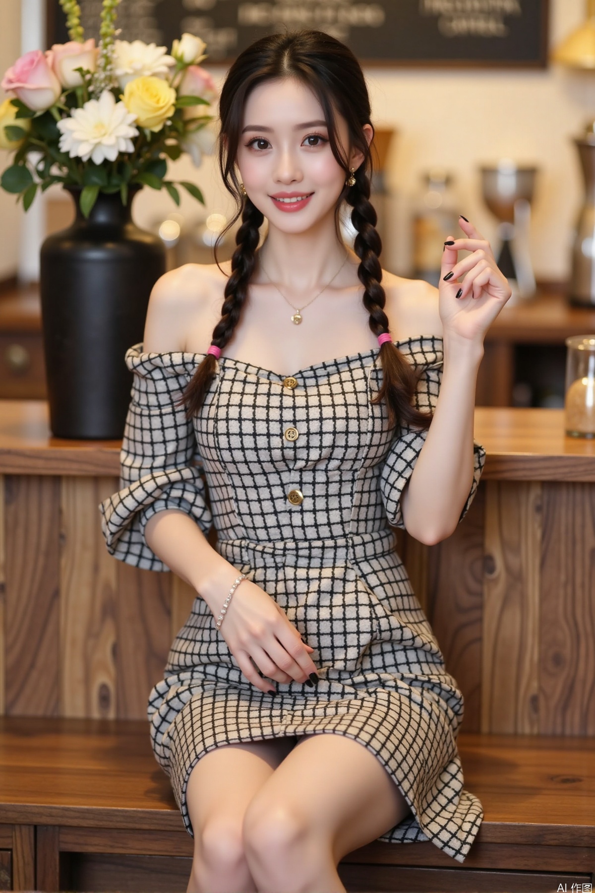 Realistic photo, one young woman, double braided hair, fair skin, off-shoulder dress, pencil skirt, upper body, coffee shop, flowers,