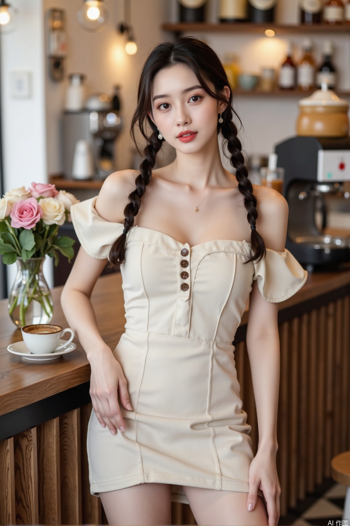 Realistic photo, one young woman, double braided hair, fair skin, off-shoulder dress, pencil skirt, upper body, coffee shop, flowers,