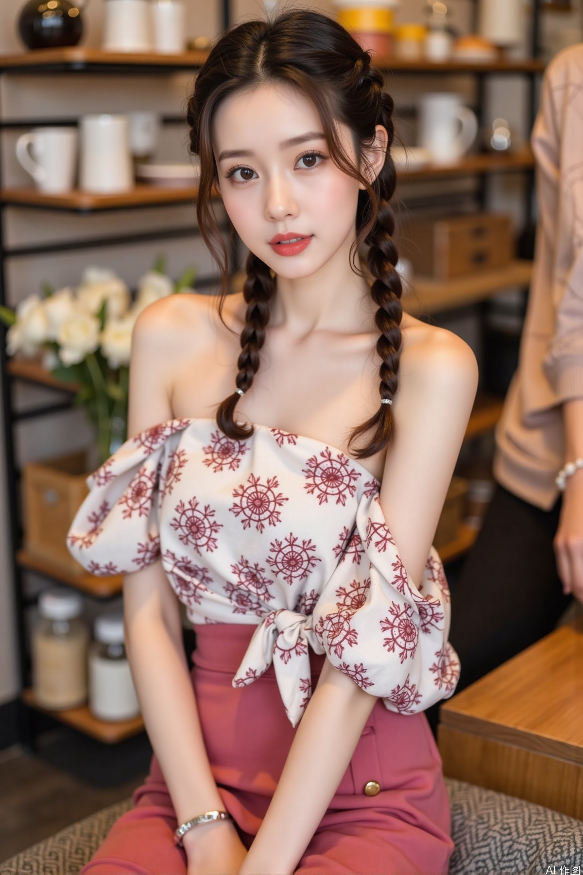 Realistic photo, one young woman, double braided hair, fair skin, off-shoulder dress, pencil skirt, upper body, coffee shop, flowers,