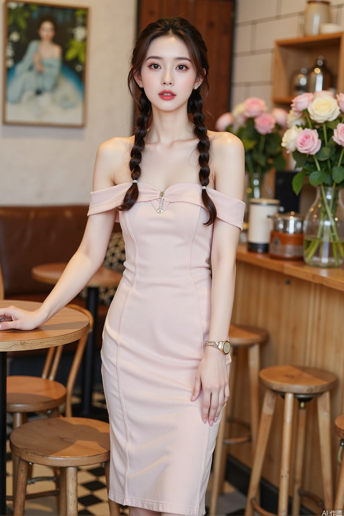 Realistic photo, one young woman, double braided hair, fair skin, off-shoulder dress, pencil skirt, upper body, coffee shop, flowers,