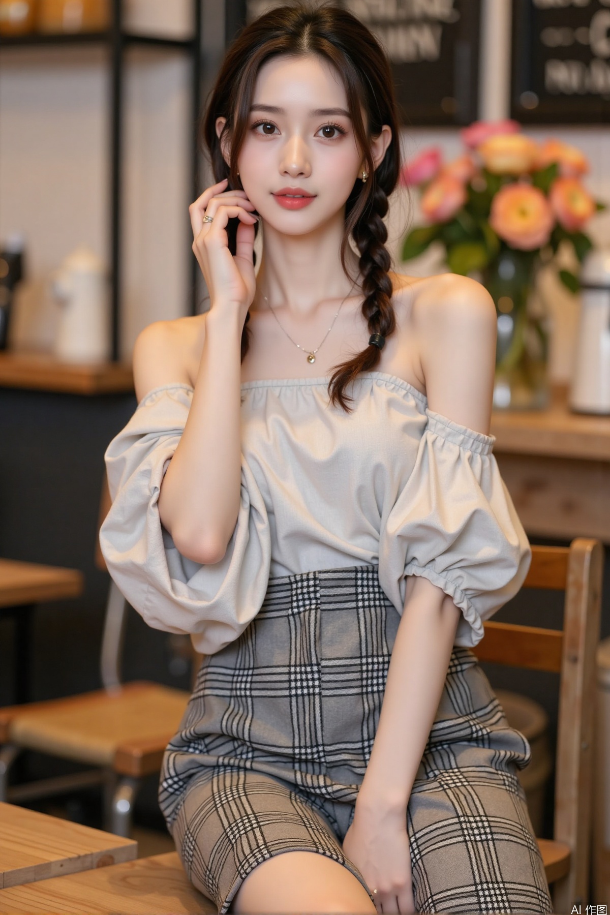Realistic photo, one young woman, double braided hair, fair skin, off-shoulder dress, pencil skirt, upper body, coffee shop, flowers,