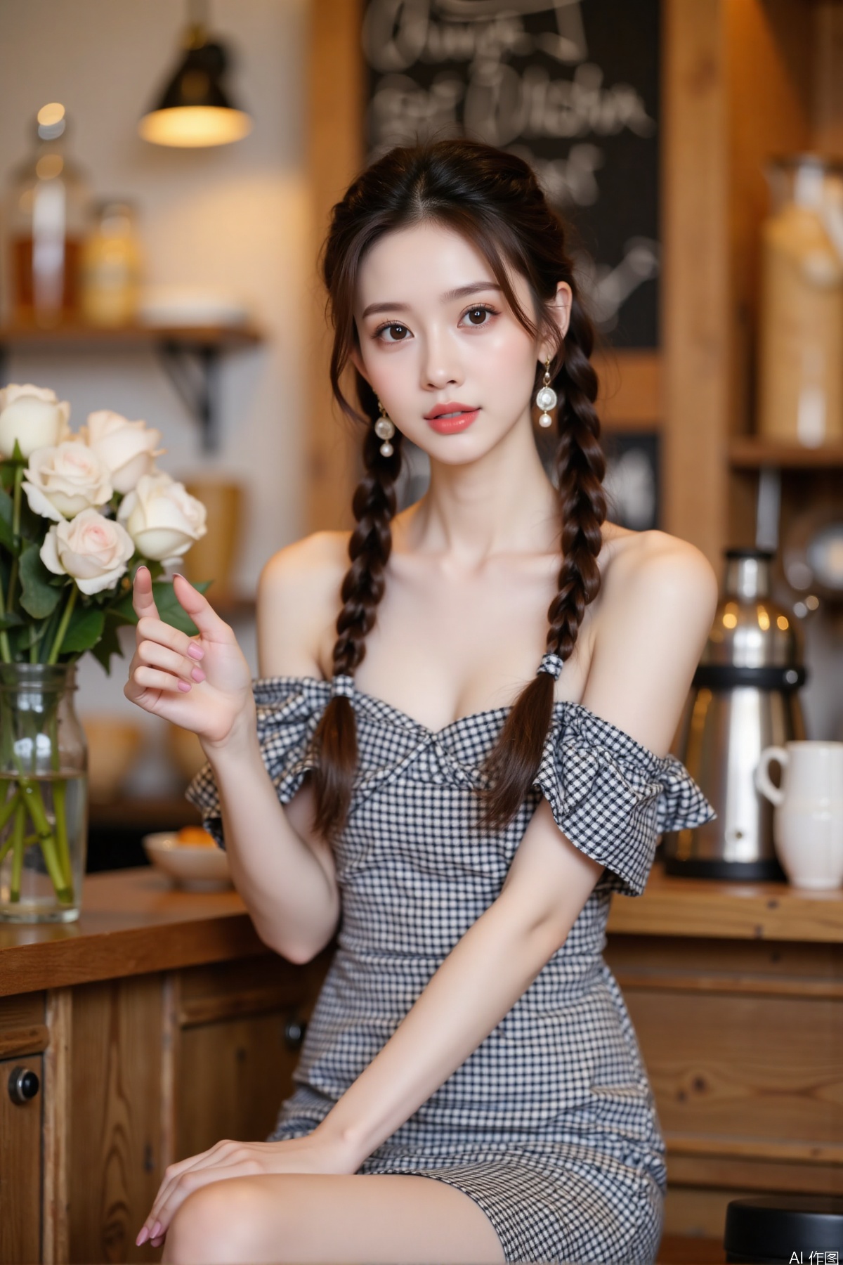 Realistic photo, one young woman, double braided hair, fair skin, off-shoulder dress, pencil skirt, upper body, coffee shop, flowers,