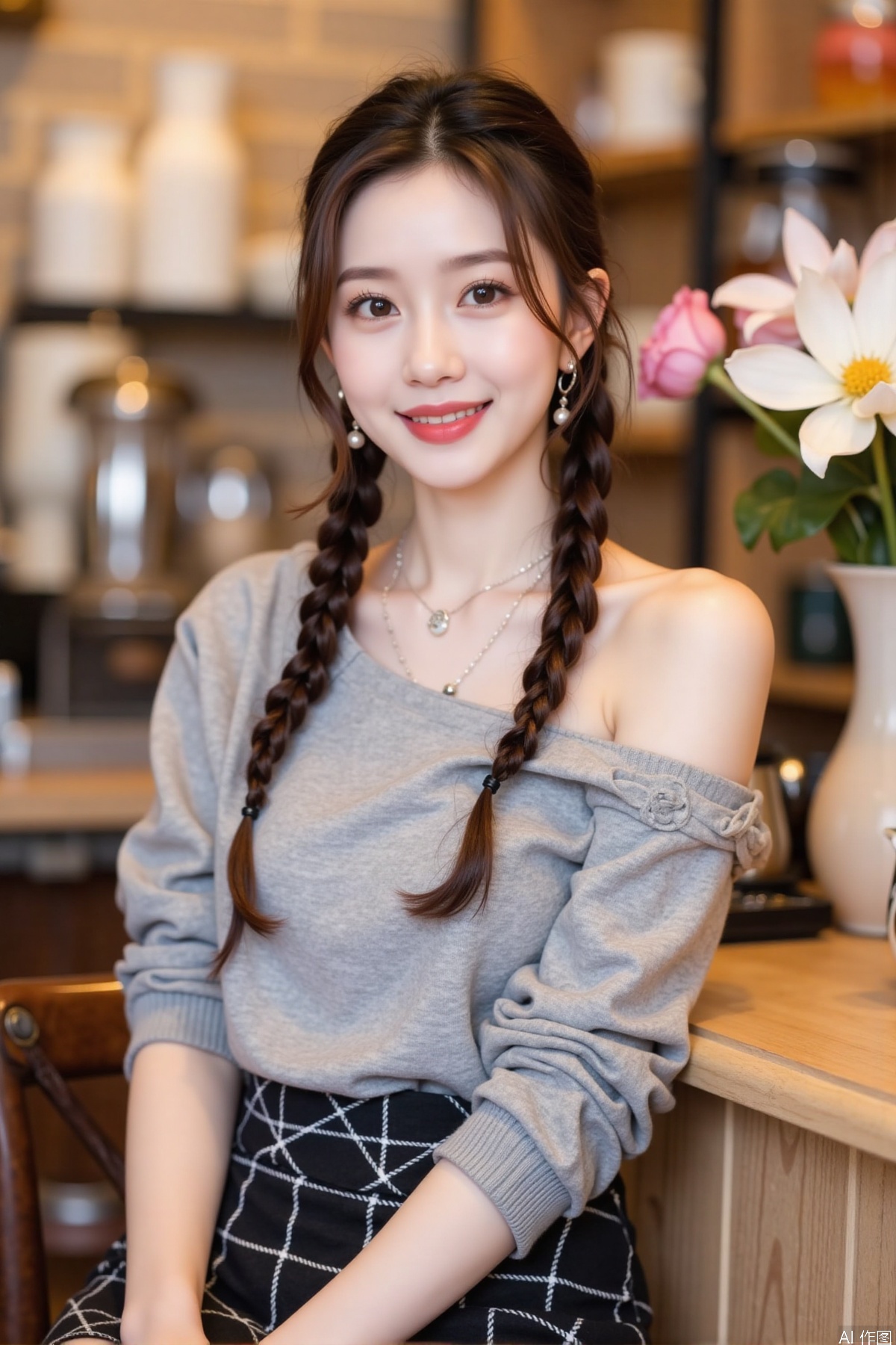 Realistic photo, one young woman, double braided hair, fair skin, off-shoulder dress, pencil skirt, upper body, coffee shop, flowers,