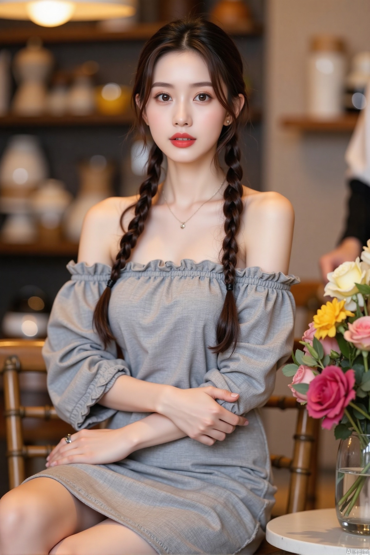 Realistic photo, one young woman, double braided hair, fair skin, off-shoulder dress, pencil skirt, upper body, coffee shop, flowers,