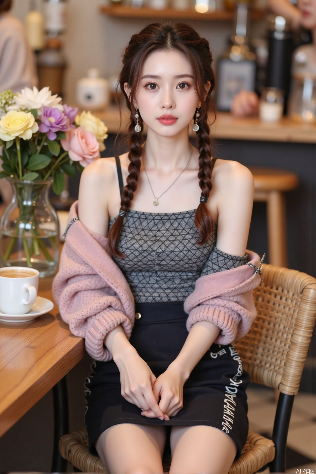 Realistic photo, one young woman, double braided hair, fair skin, off-shoulder dress, pencil skirt, upper body, coffee shop, flowers,