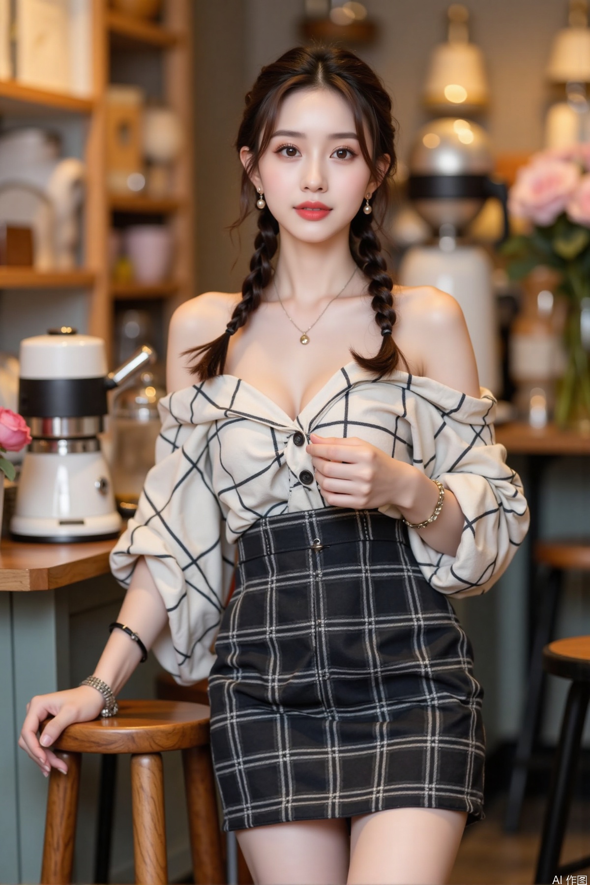 Realistic photo, one young woman, double braided hair, fair skin, off-shoulder dress, pencil skirt, upper body, coffee shop, flowers,