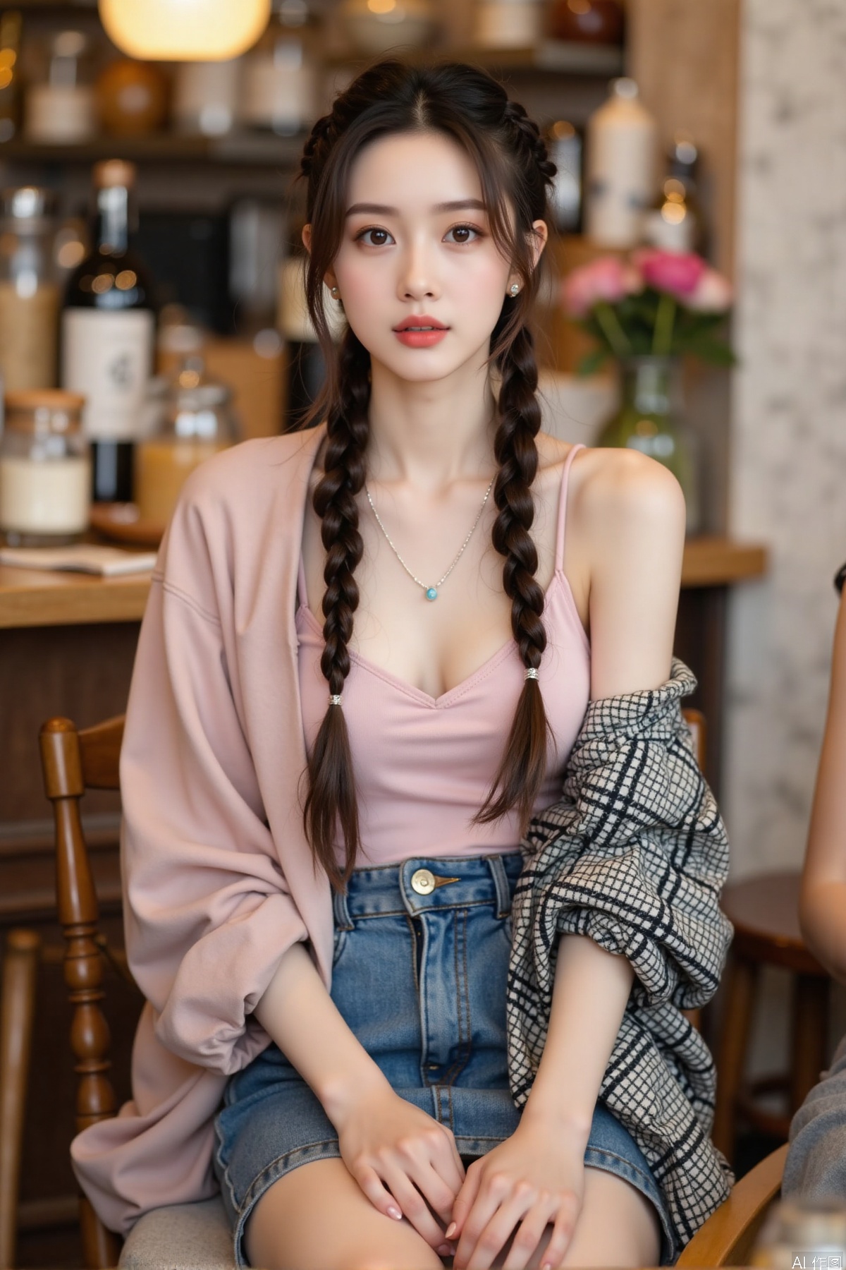 Realistic photo, one young woman, double braided hair, fair skin, off-shoulder dress, pencil skirt, upper body, coffee shop, flowers,