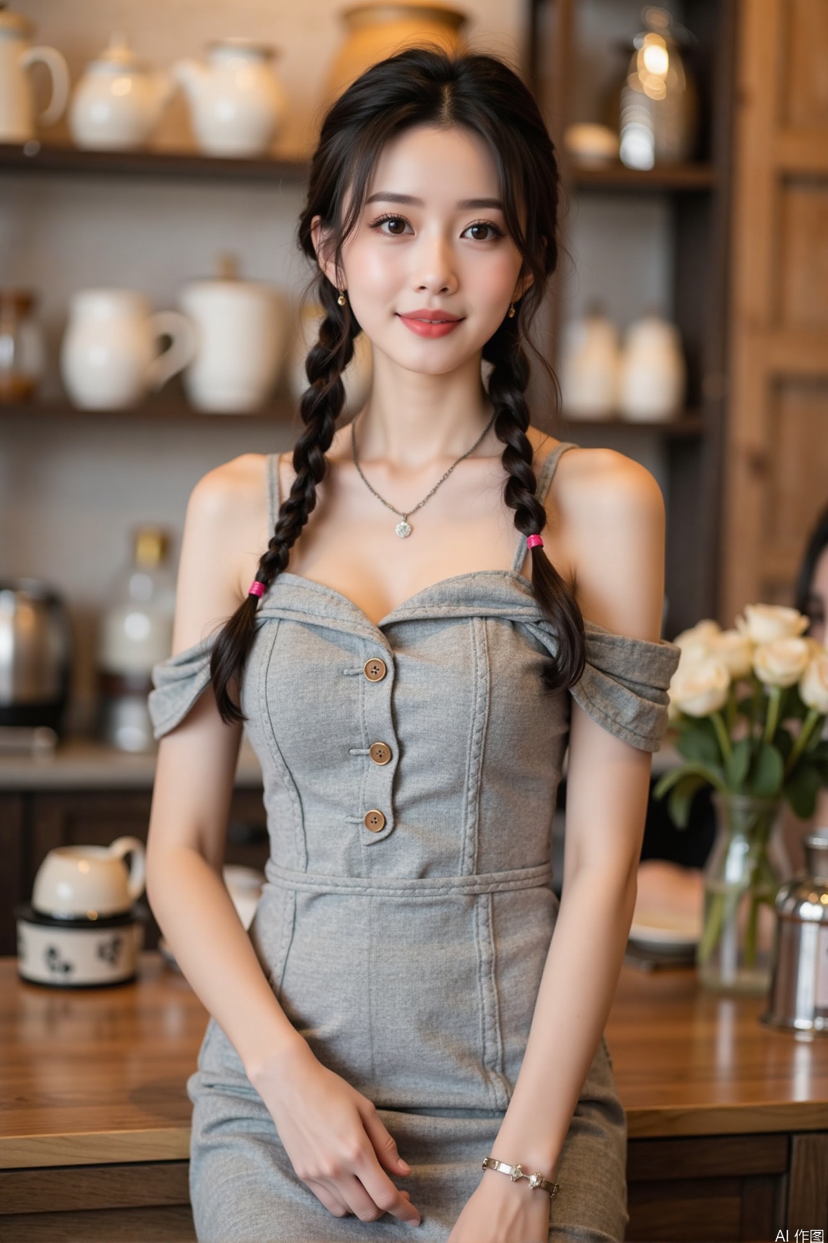 Realistic photo, one young woman, double braided hair, fair skin, off-shoulder dress, pencil skirt, upper body, coffee shop, flowers,