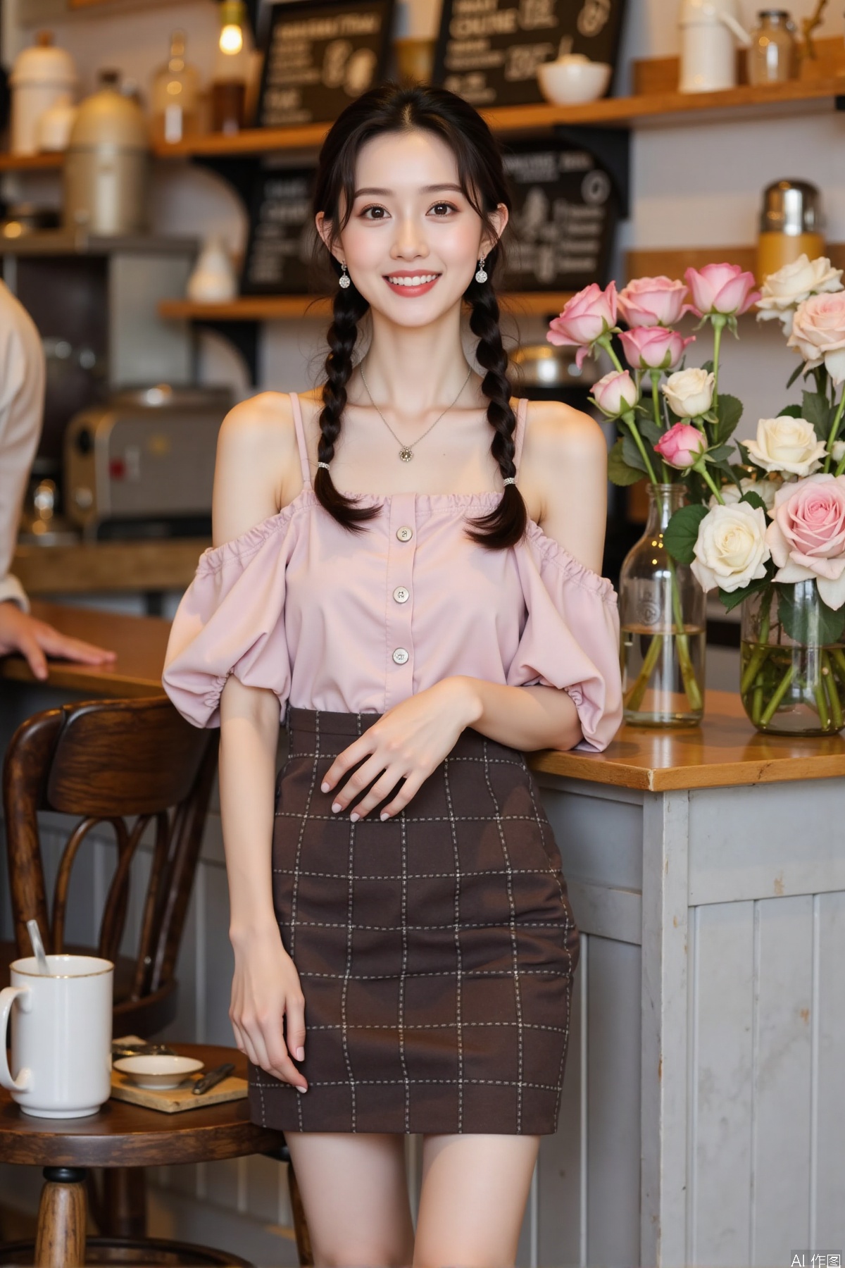 Realistic photo, one young woman, double braided hair, fair skin, off-shoulder dress, pencil skirt, upper body, coffee shop, flowers,