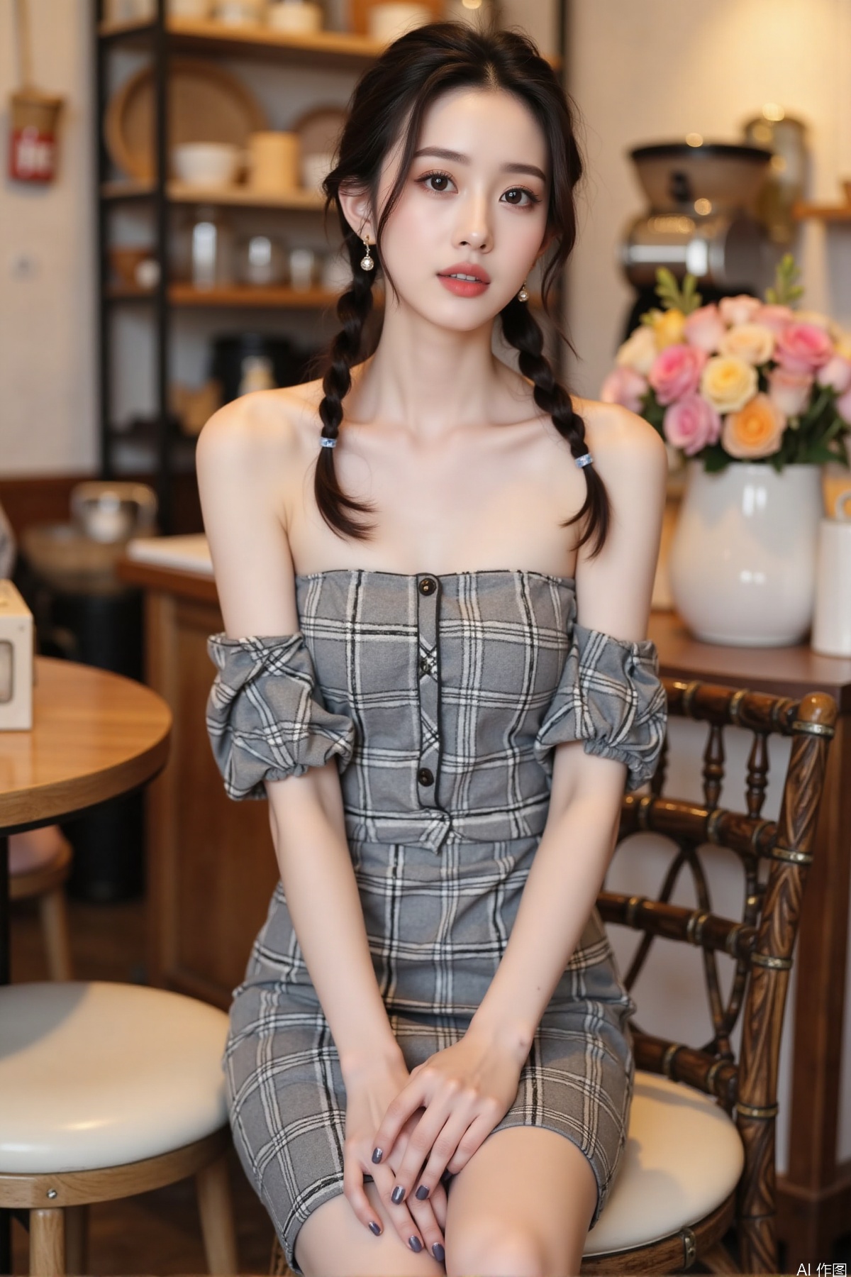 Realistic photo, one young woman, double braided hair, fair skin, off-shoulder dress, pencil skirt, upper body, coffee shop, flowers,