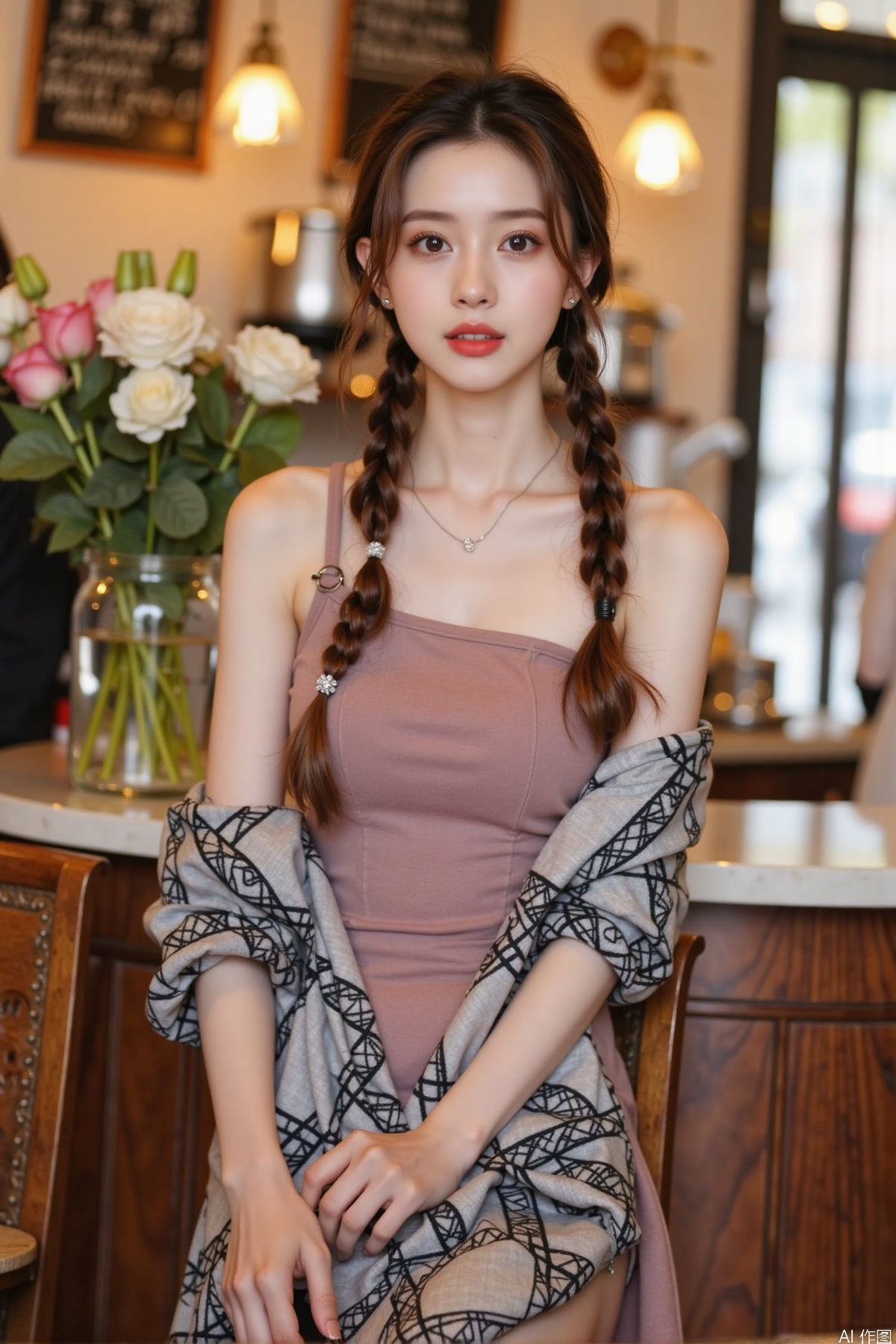 Realistic photo, one young woman, double braided hair, fair skin, off-shoulder dress, pencil skirt, upper body, coffee shop, flowers,