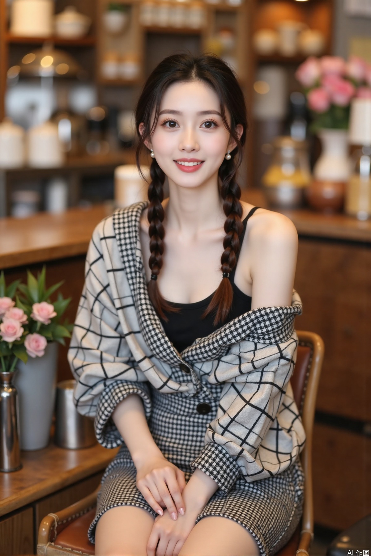 Realistic photo, one young woman, double braided hair, fair skin, off-shoulder dress, pencil skirt, upper body, coffee shop, flowers,