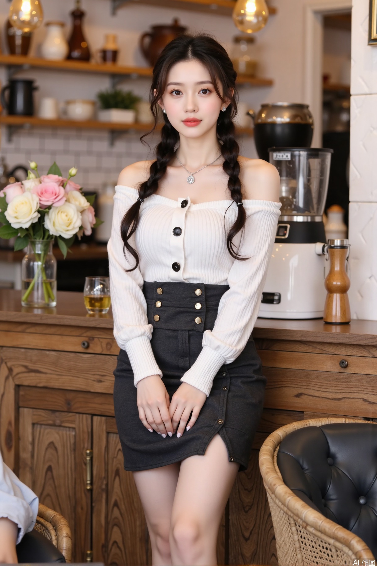 Realistic photo, one young woman, double braided hair, fair skin, off-shoulder dress, pencil skirt, upper body, coffee shop, flowers,