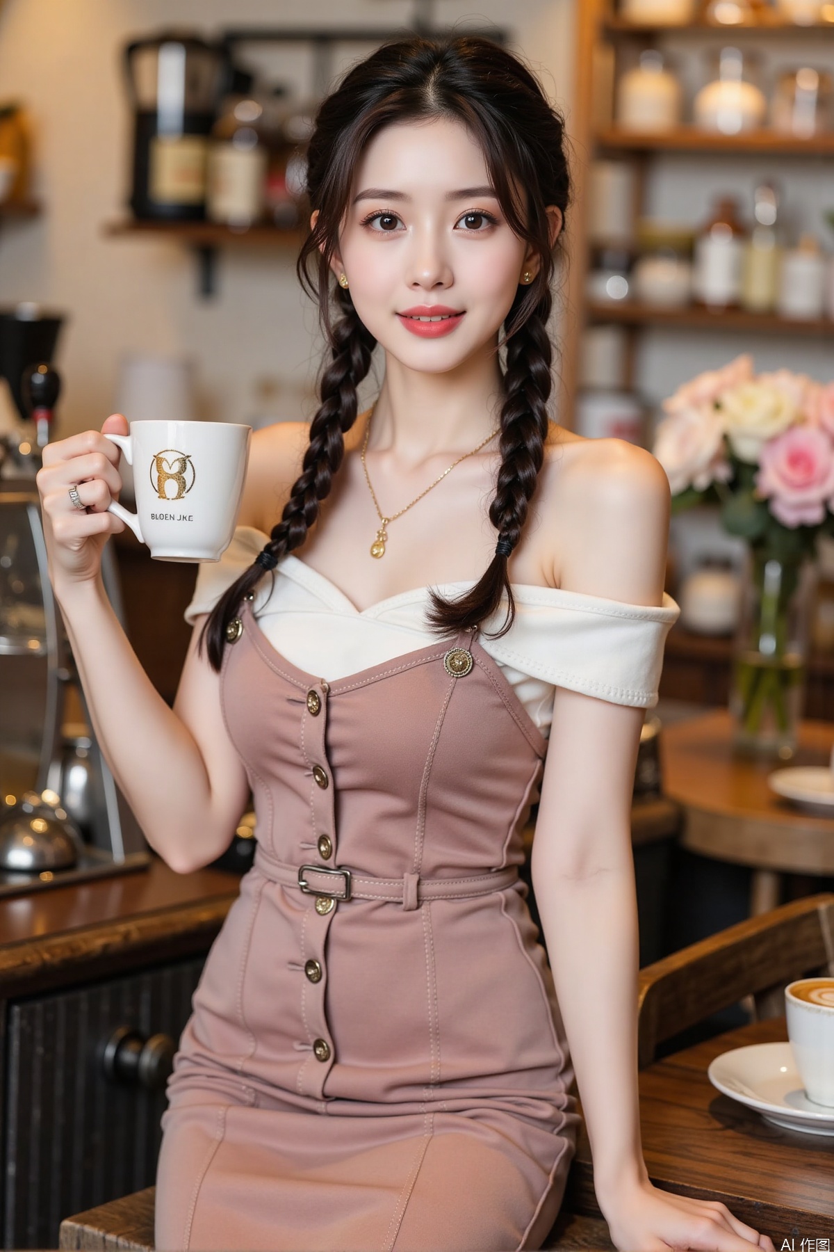 Realistic photo, one young woman, double braided hair, fair skin, off-shoulder dress, pencil skirt, upper body, coffee shop, flowers,