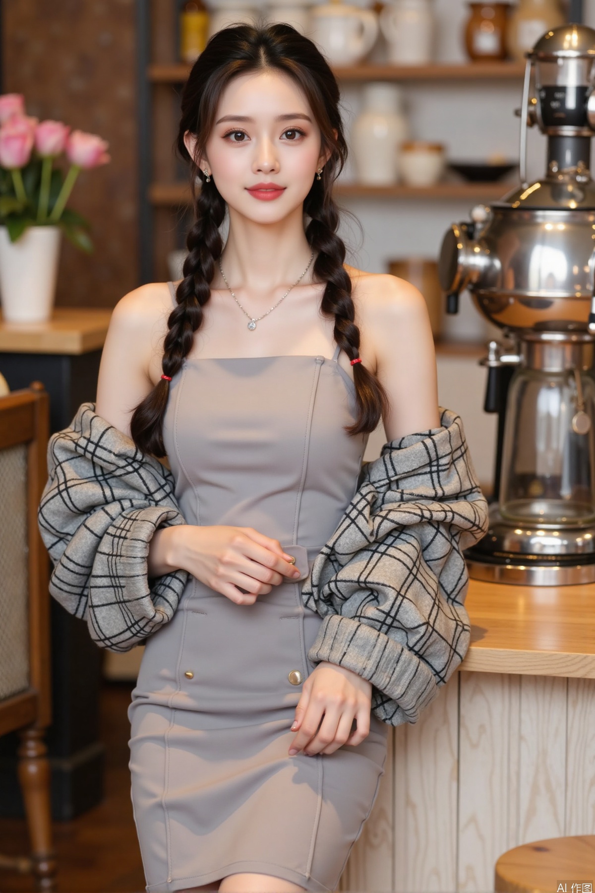 Realistic photo, one young woman, double braided hair, fair skin, off-shoulder dress, pencil skirt, upper body, coffee shop, flowers,