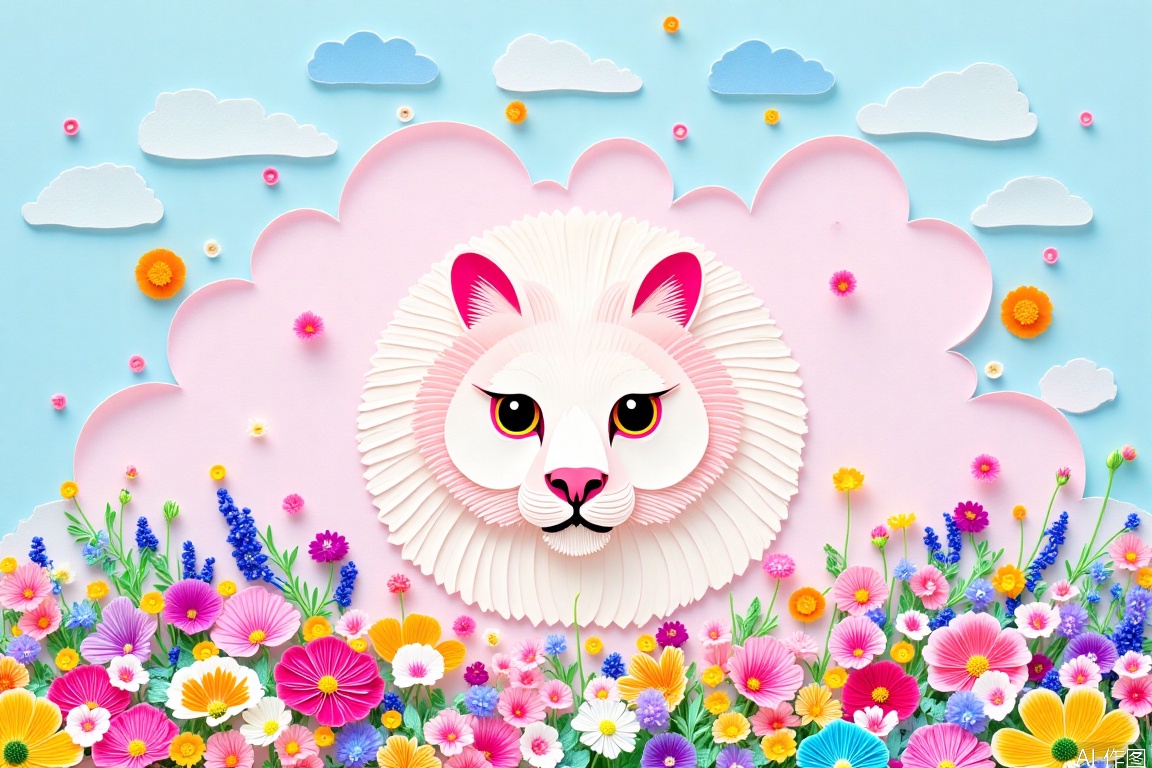 狗,花,cat,Paper art,1girl,Pink art,flowers,prairie,park,Rosy clouds