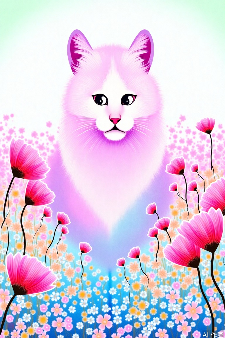 cat,Paper art,1girl,Pink art,flowers,prairie,park