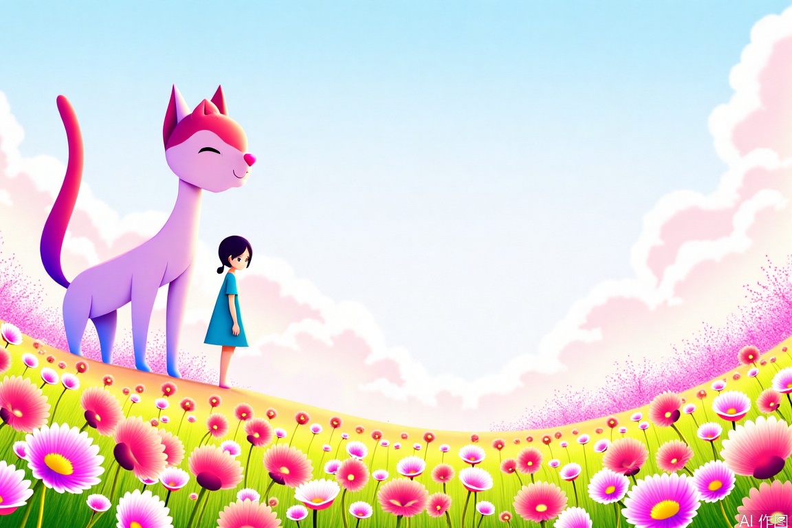 狗,花,cat,Paper art,1girl,Pink art,flowers,prairie,park,Rosy clouds
