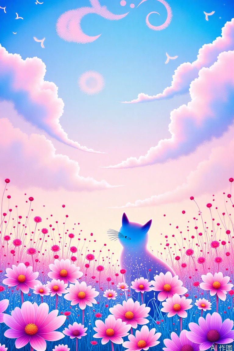 cat,Paper art,1girl,Pink art,flowers,prairie,park,Rosy clouds